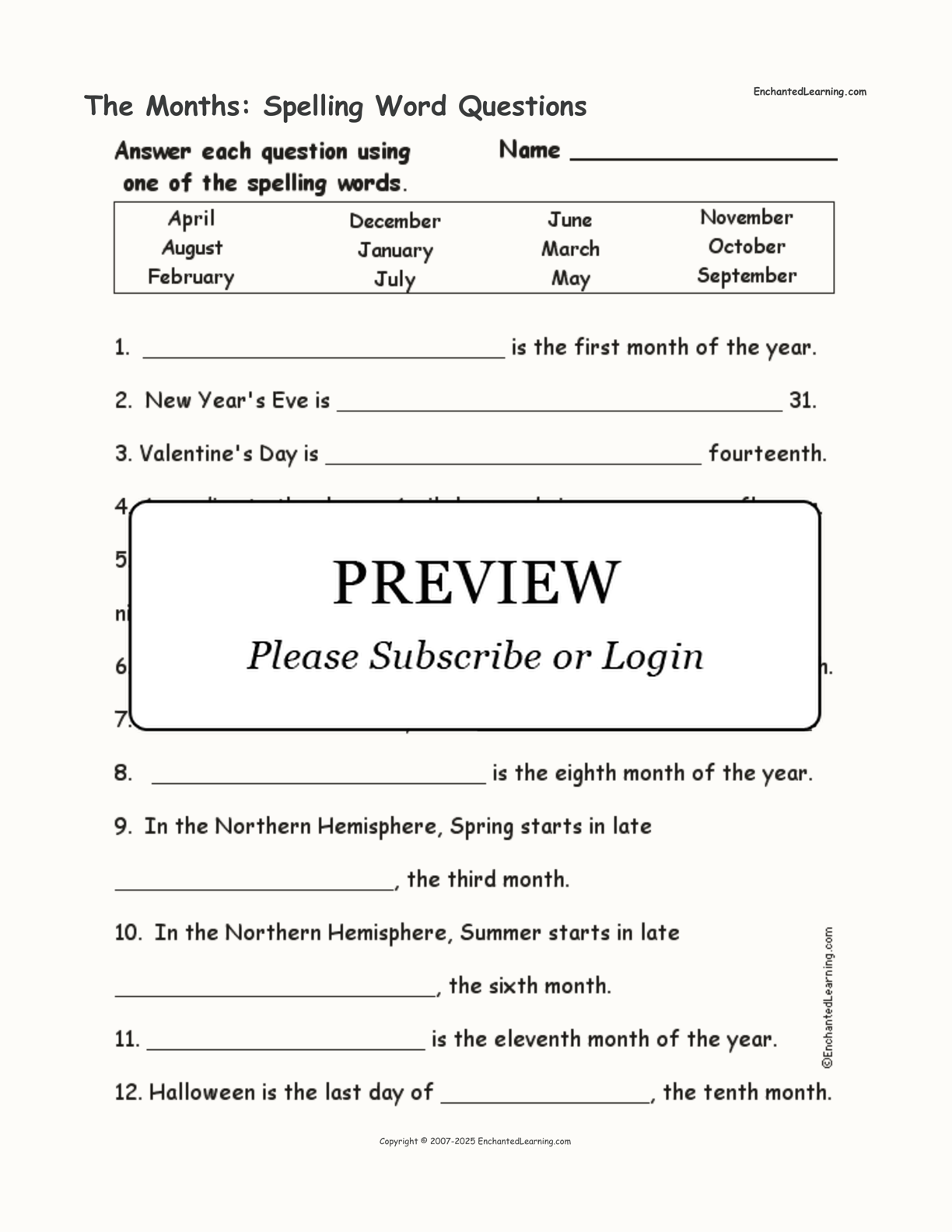 The Months: Spelling Word Questions interactive worksheet page 1