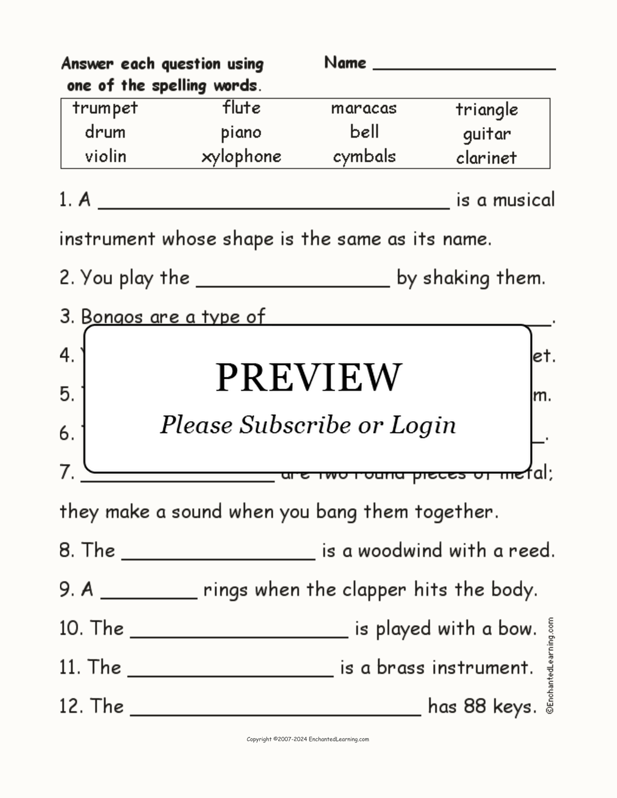 Musical Instruments: Spelling Word Questions interactive worksheet page 1