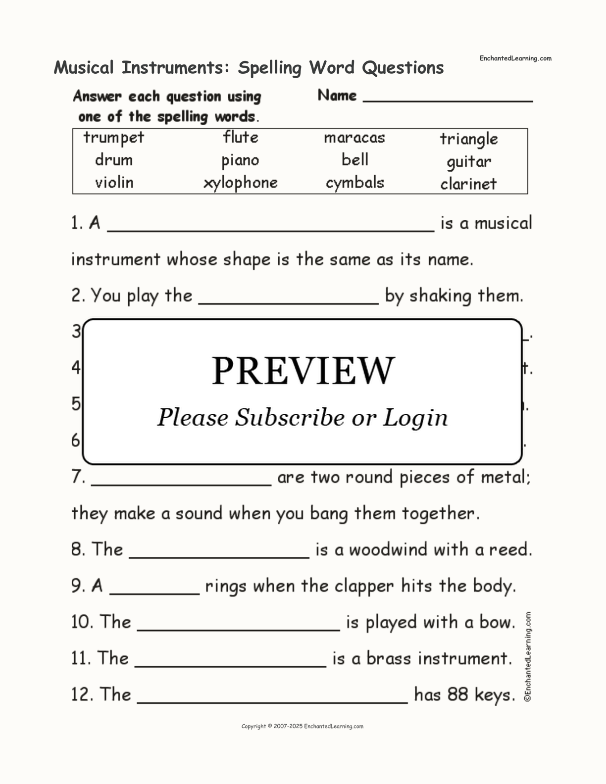 Musical Instruments: Spelling Word Questions interactive worksheet page 1