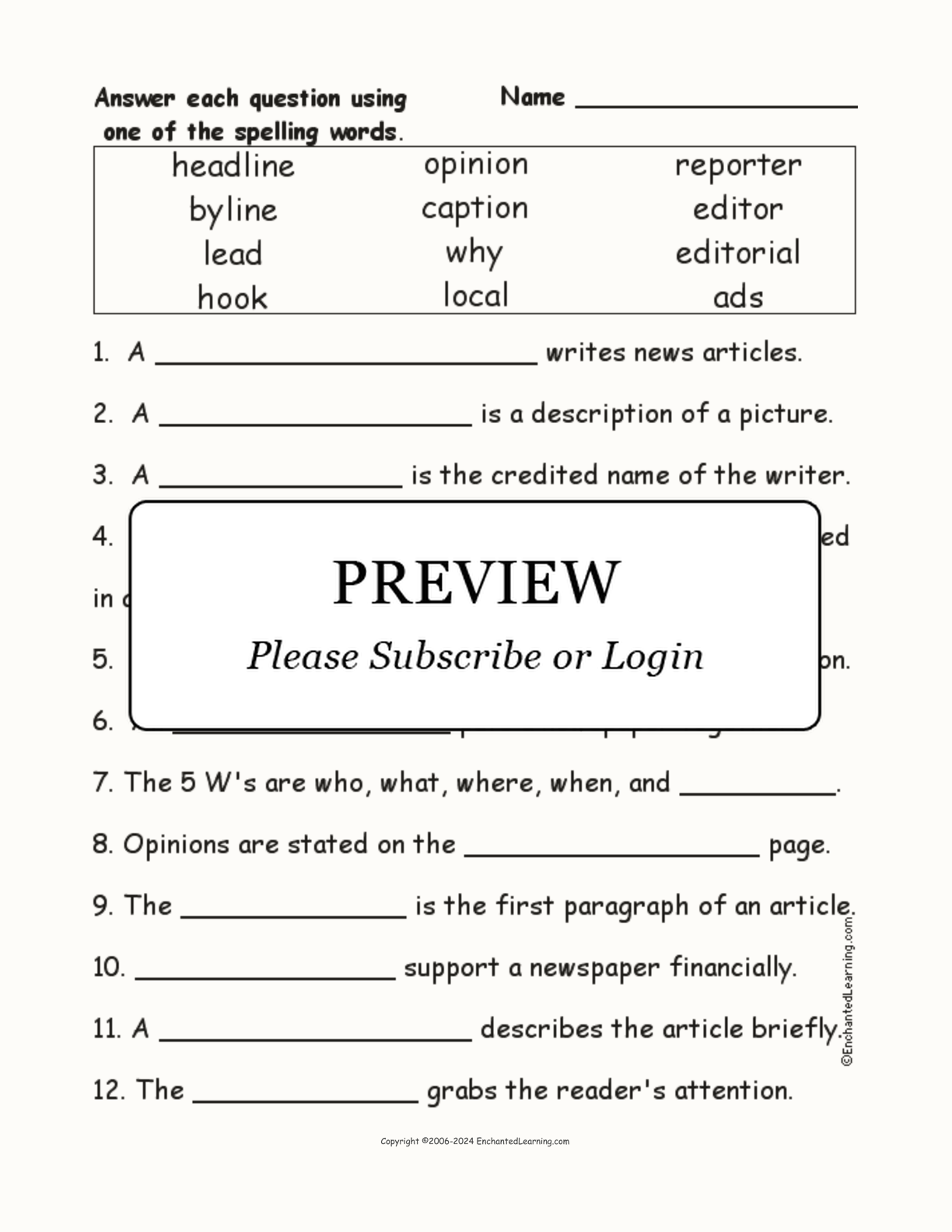 Newspaper Spelling Word Questions interactive worksheet page 1