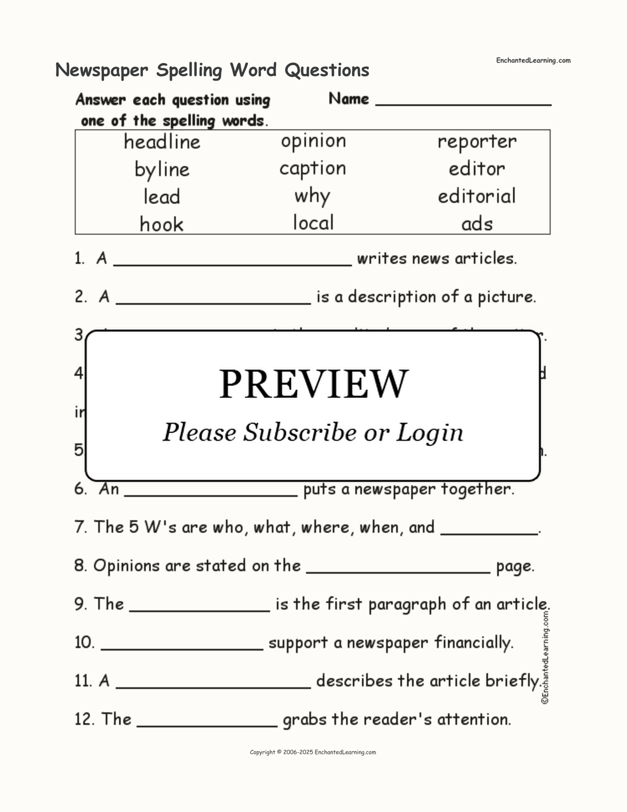 Newspaper Spelling Word Questions interactive worksheet page 1