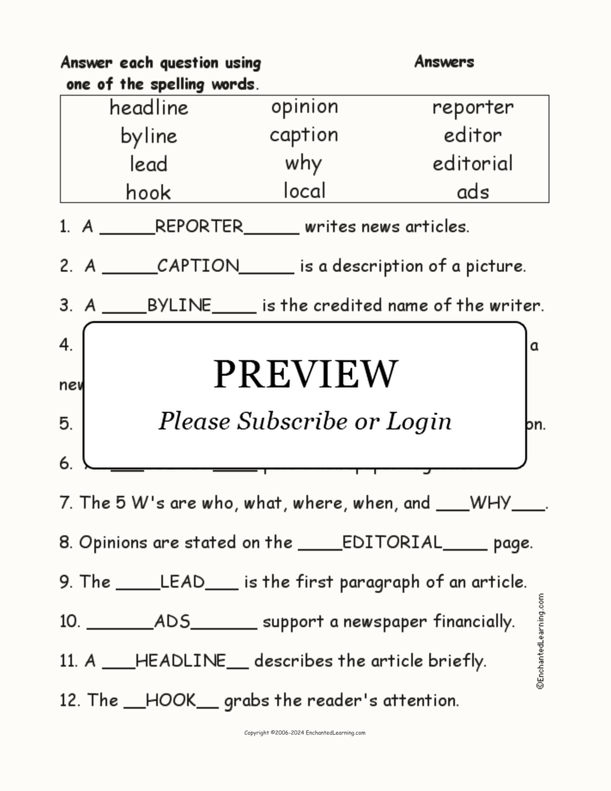 Newspaper Spelling Word Questions interactive worksheet page 2