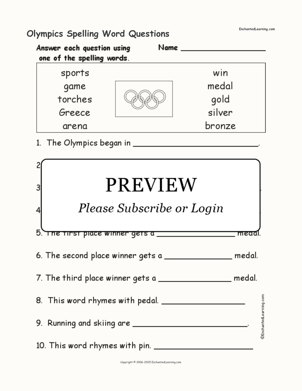 Olympics Spelling Word Questions interactive worksheet page 1