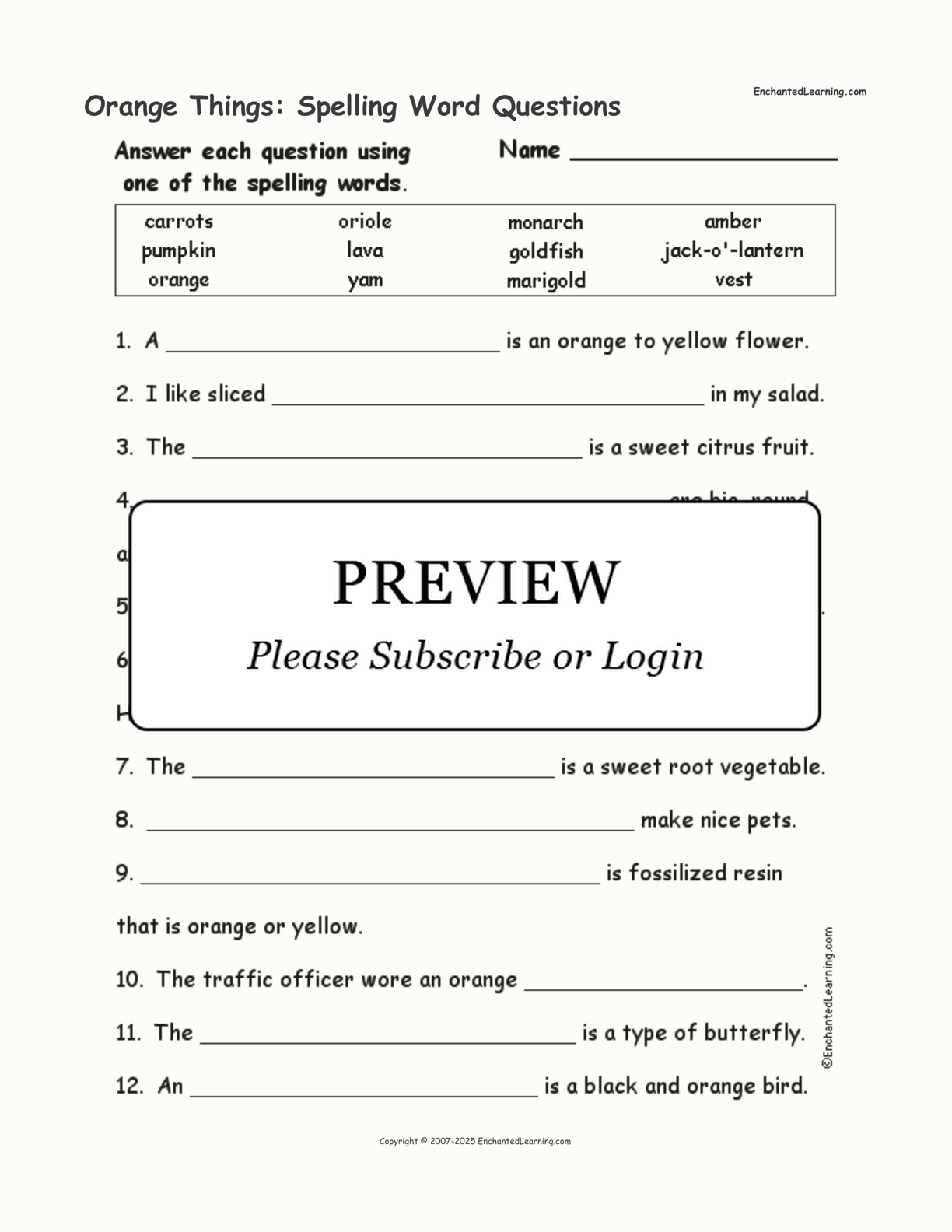 Orange Things: Spelling Word Questions interactive worksheet page 1