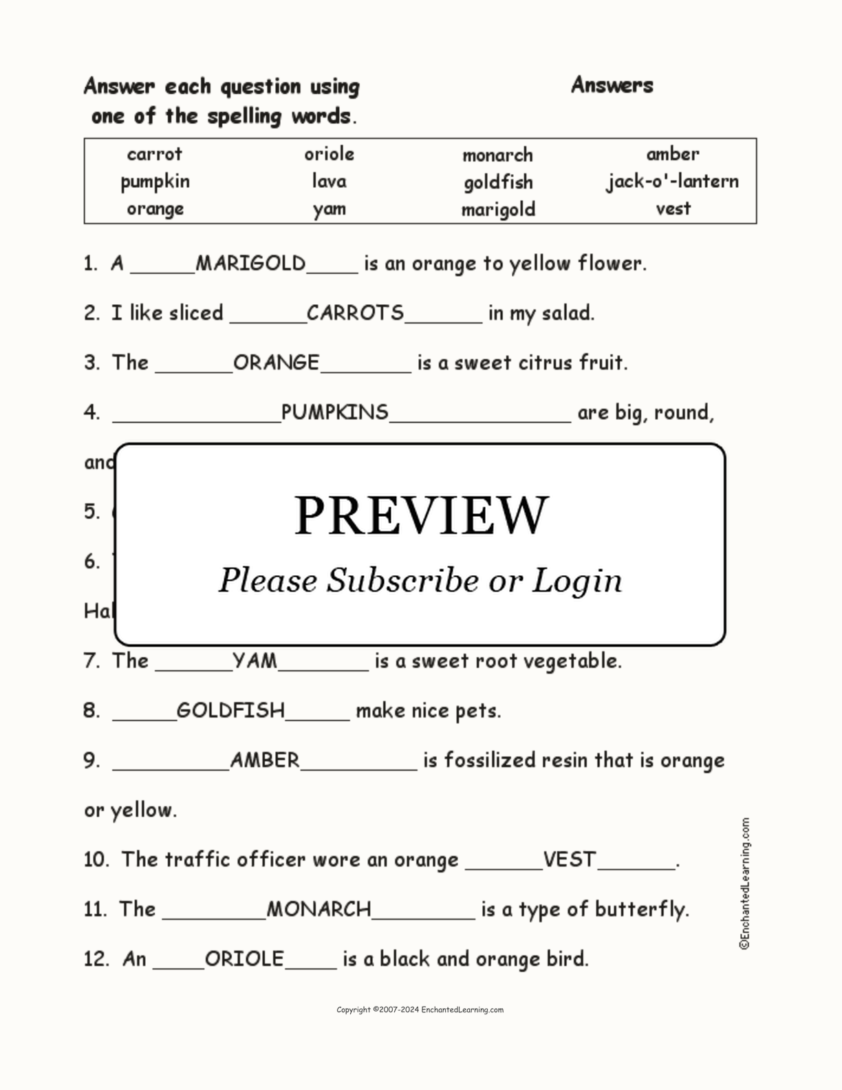 Orange Things: Spelling Word Questions interactive worksheet page 2