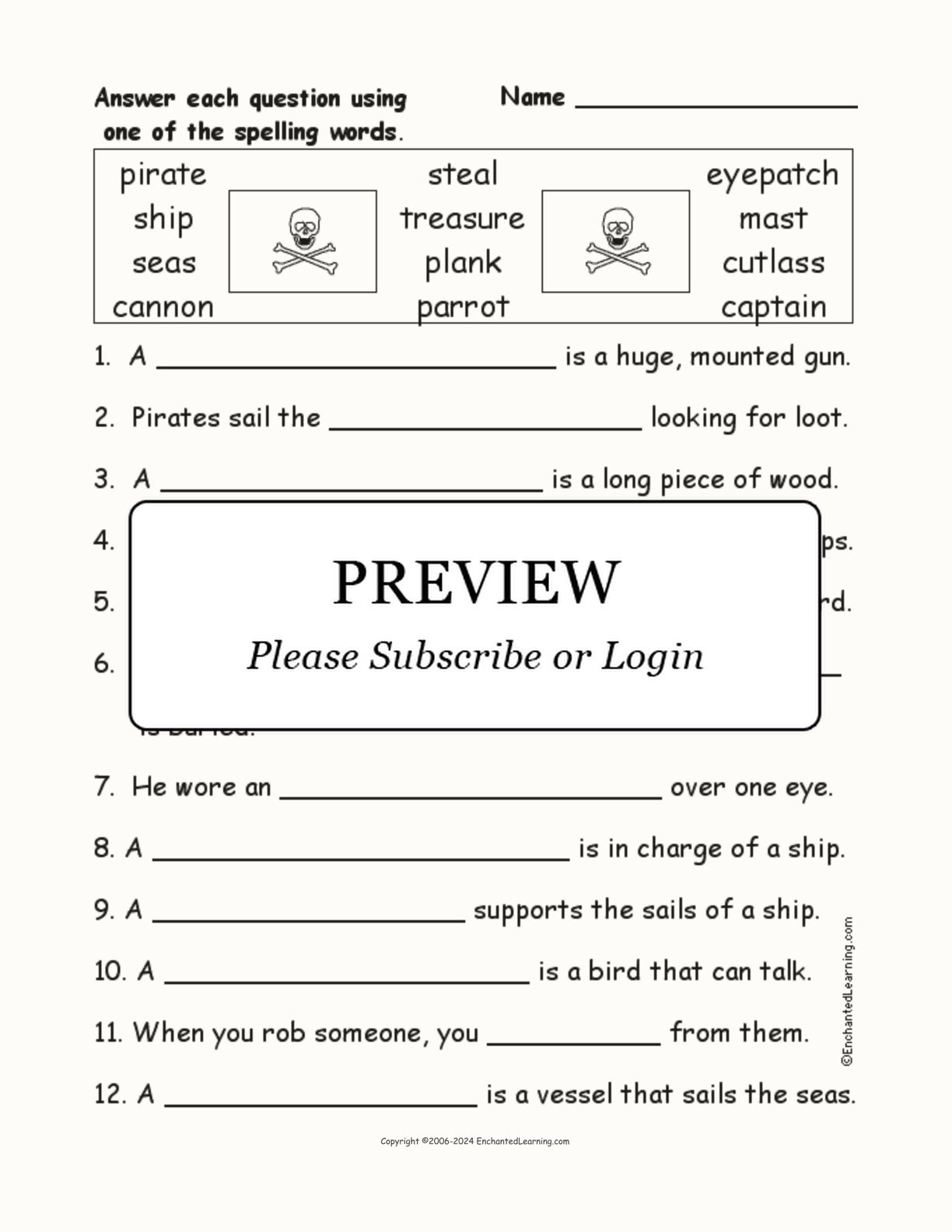 Pirate Spelling Word Questions interactive worksheet page 1