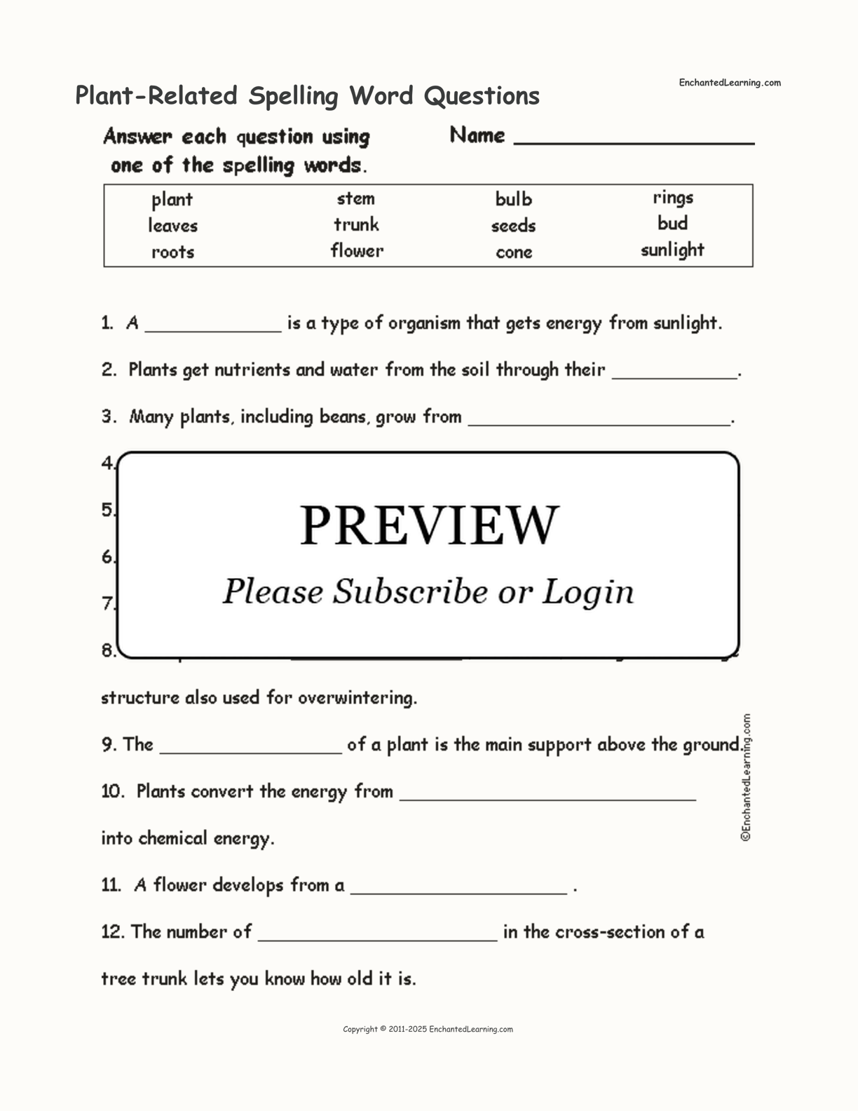 Plant-Related Spelling Word Questions interactive worksheet page 1