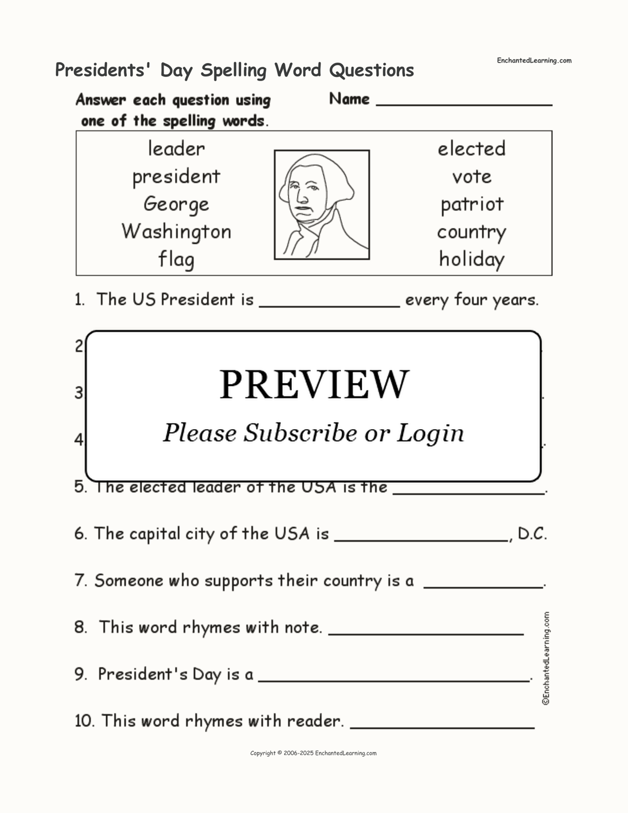 Presidents' Day Spelling Word Questions interactive worksheet page 1