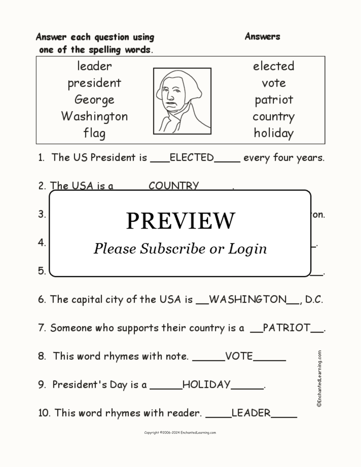 Presidents' Day Spelling Word Questions interactive worksheet page 2