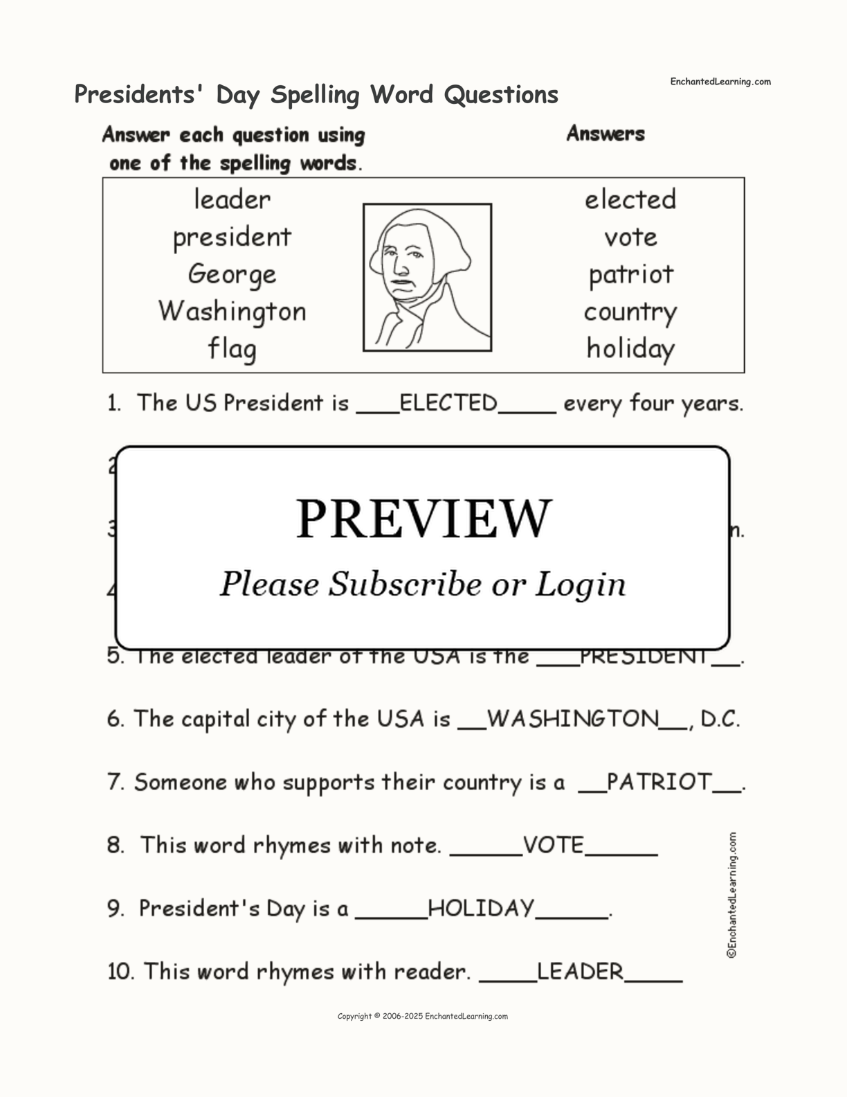 Presidents' Day Spelling Word Questions interactive worksheet page 2