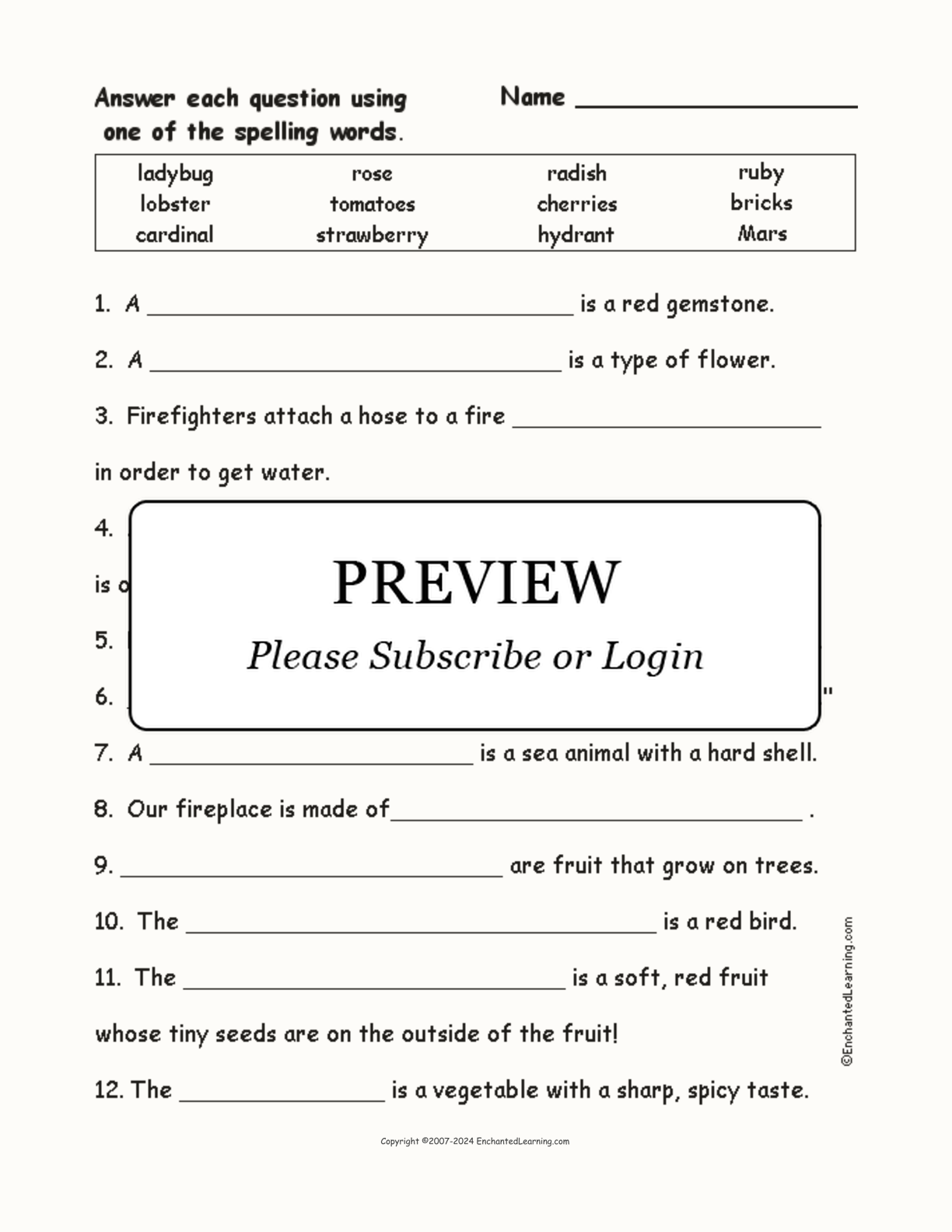Red Things: Spelling Word Questions interactive worksheet page 1
