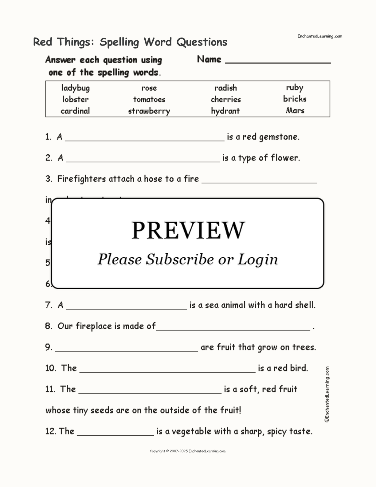 Red Things: Spelling Word Questions interactive worksheet page 1