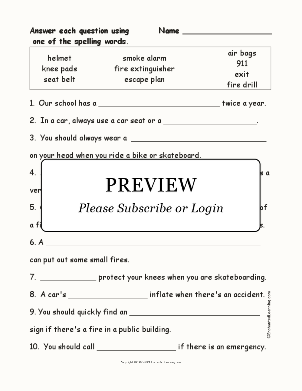 Safety: Spelling Word Questions interactive worksheet page 1