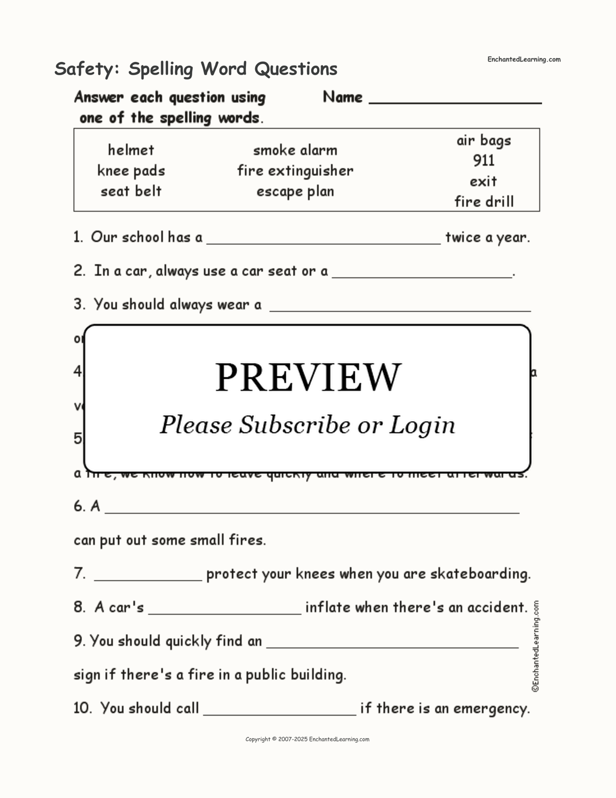 Safety: Spelling Word Questions interactive worksheet page 1