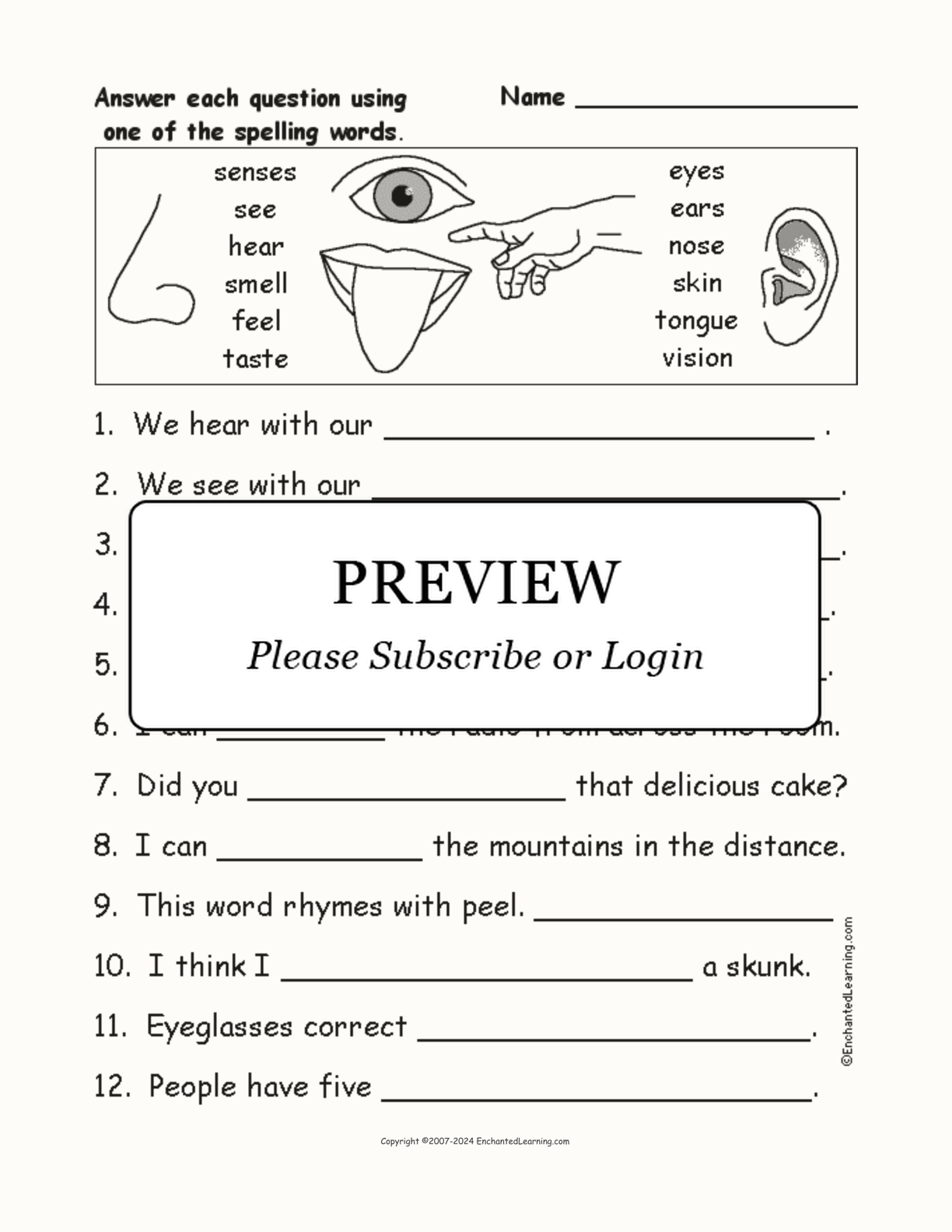 Senses Spelling Word Questions interactive worksheet page 1