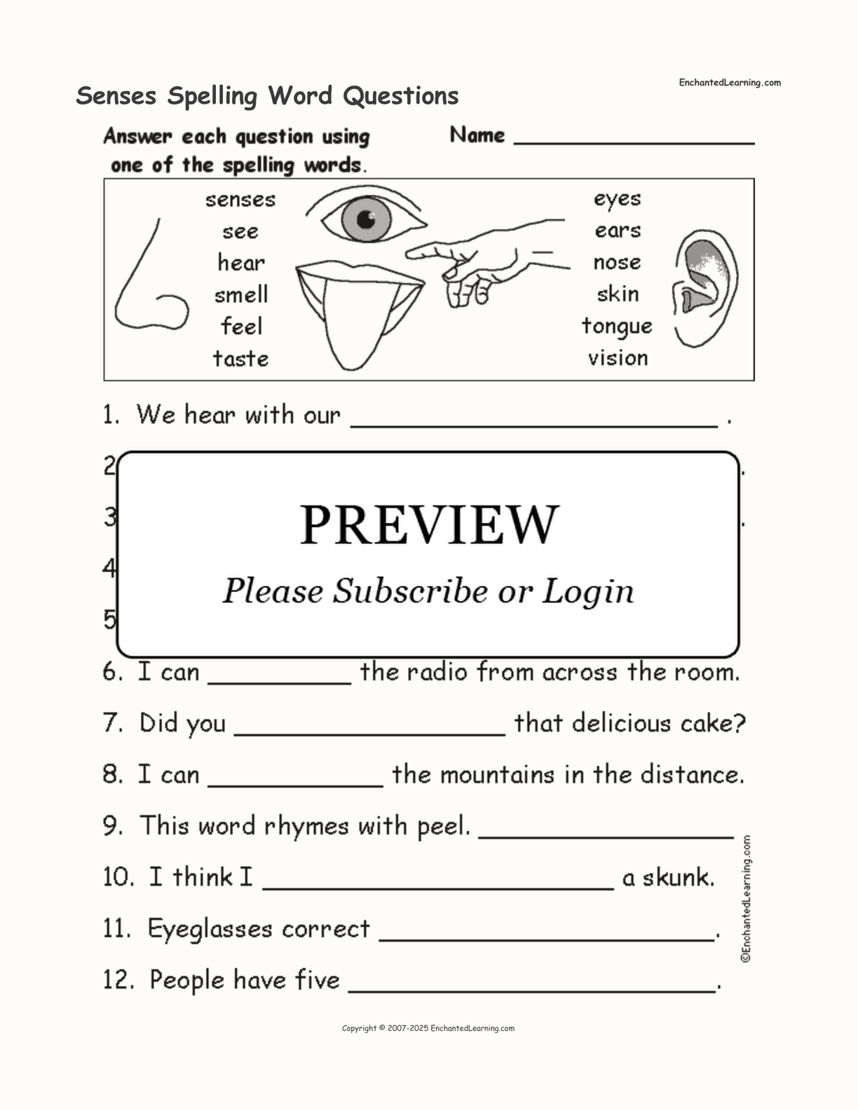 Senses Spelling Word Questions interactive worksheet page 1