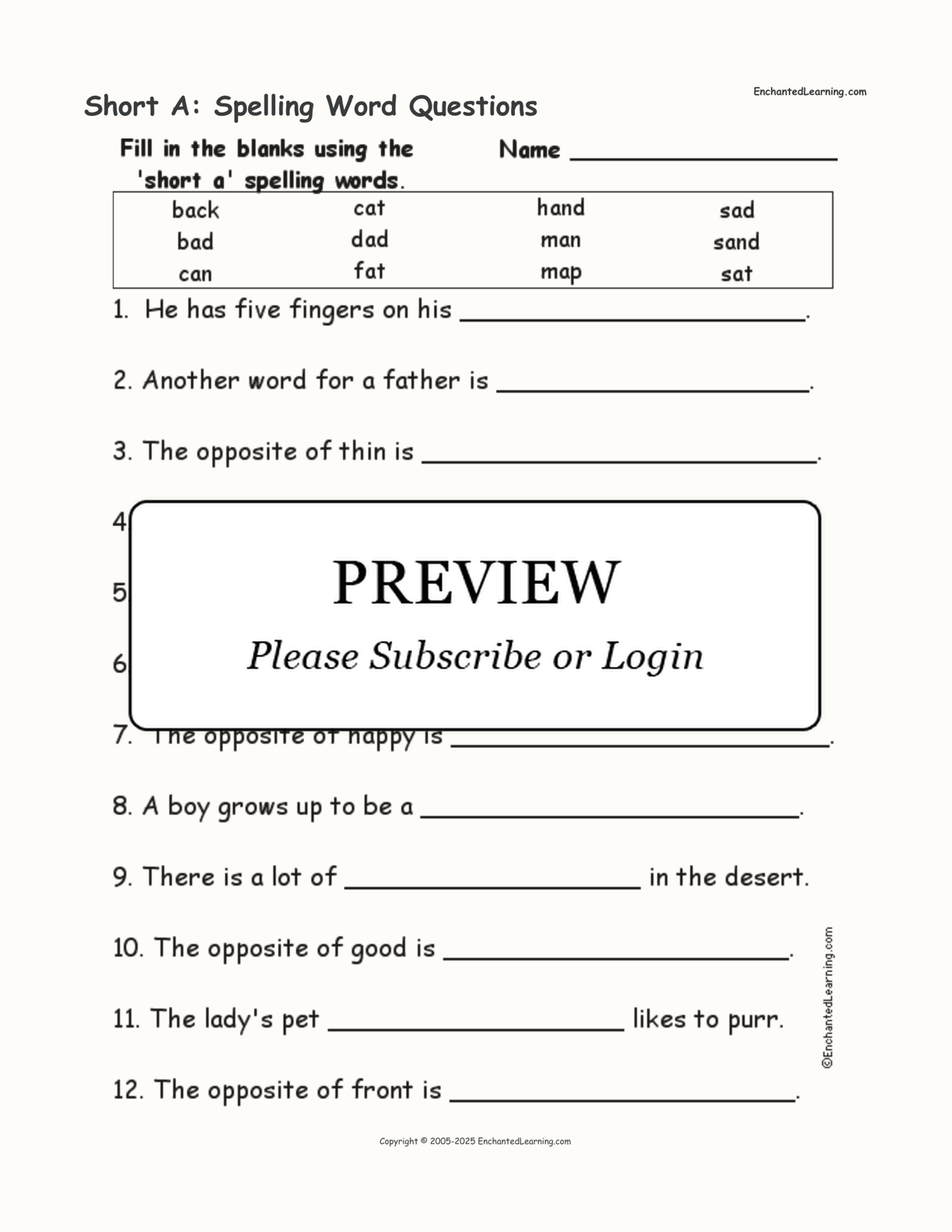 Short A: Spelling Word Questions interactive worksheet page 1