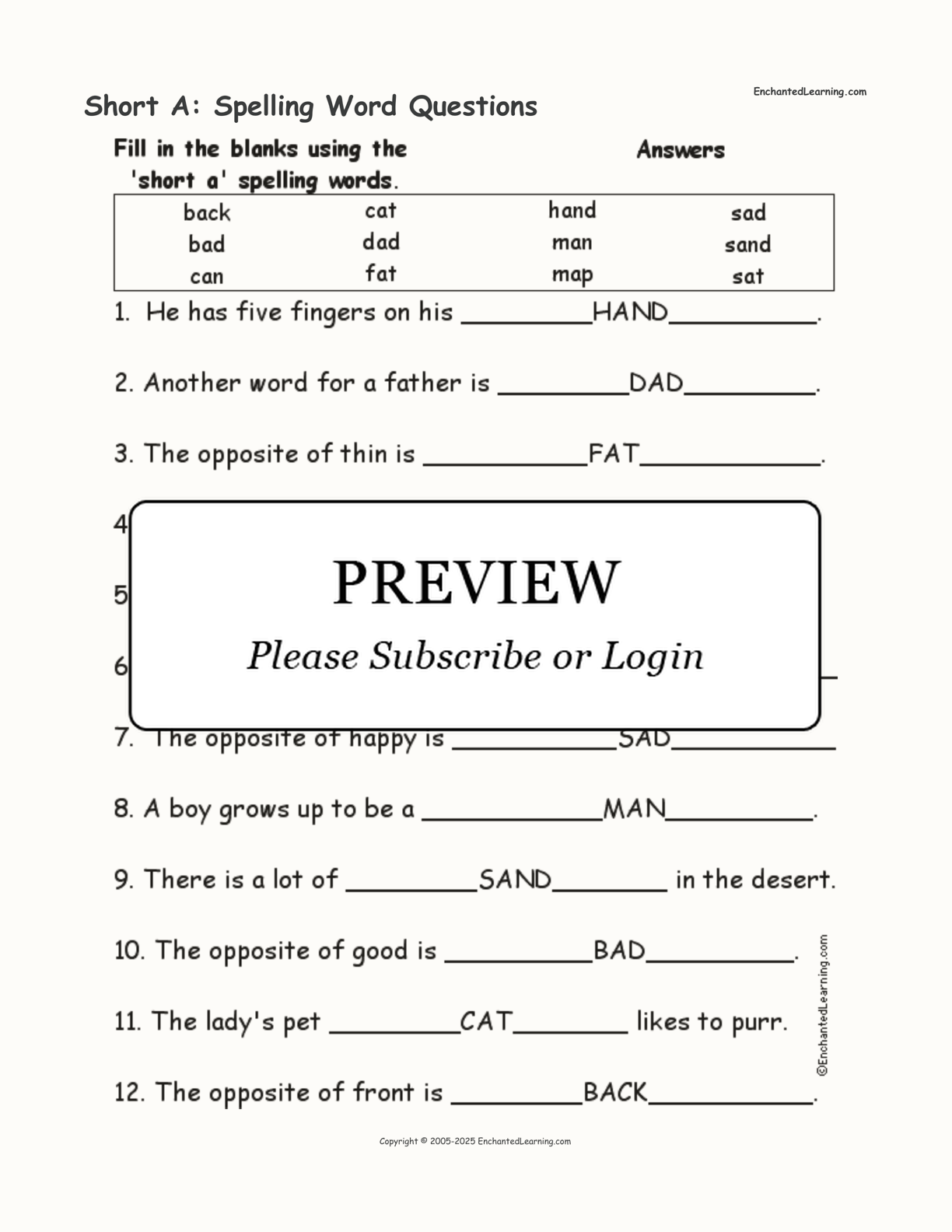 Short A: Spelling Word Questions interactive worksheet page 2