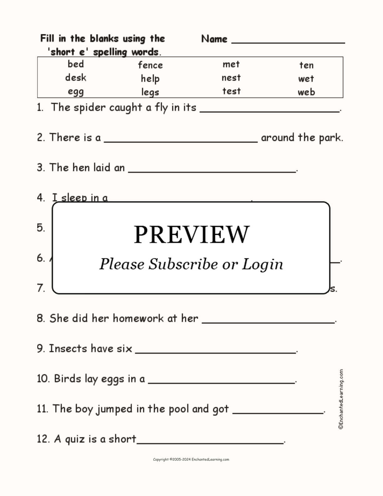 Short E: Spelling Word Questions interactive worksheet page 1