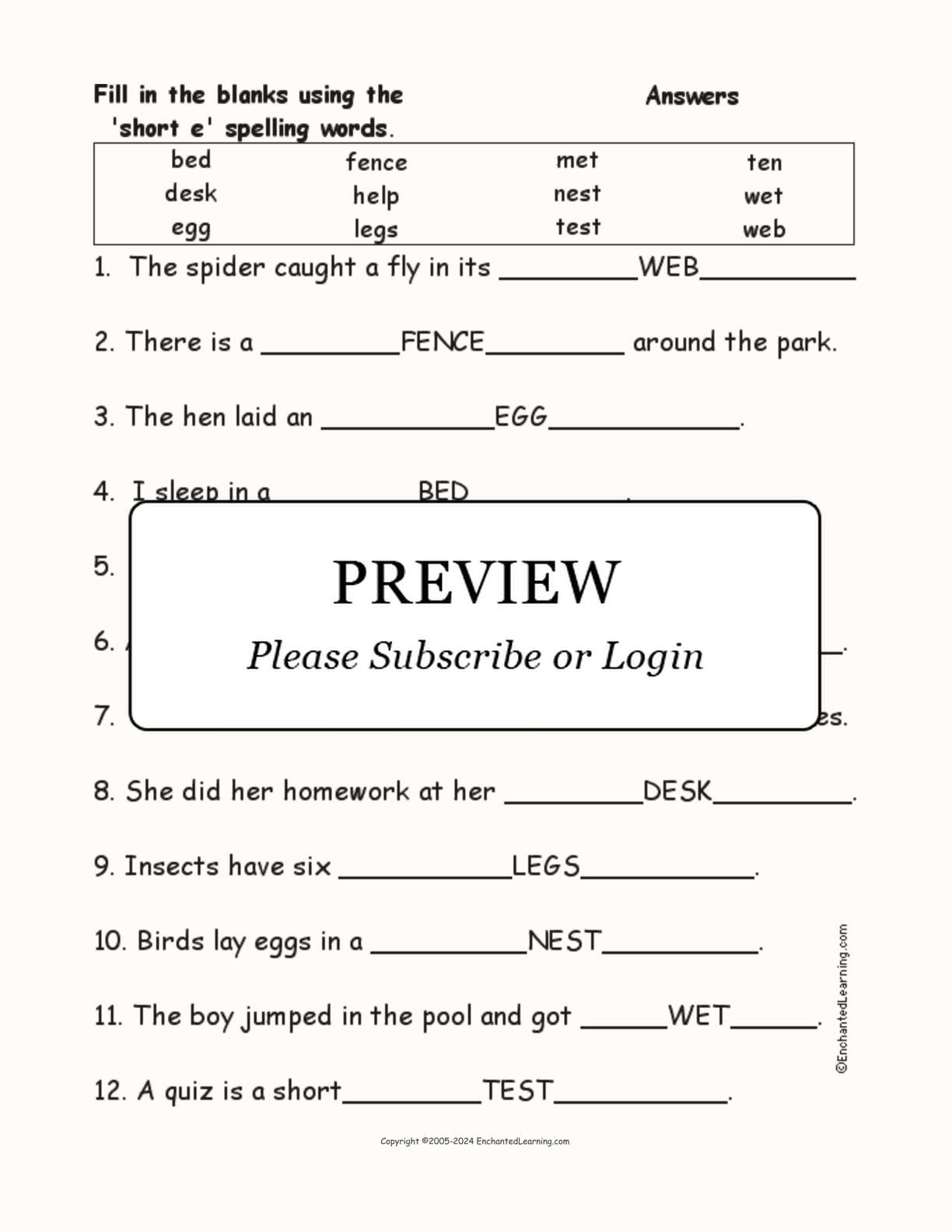 Short E: Spelling Word Questions interactive worksheet page 2