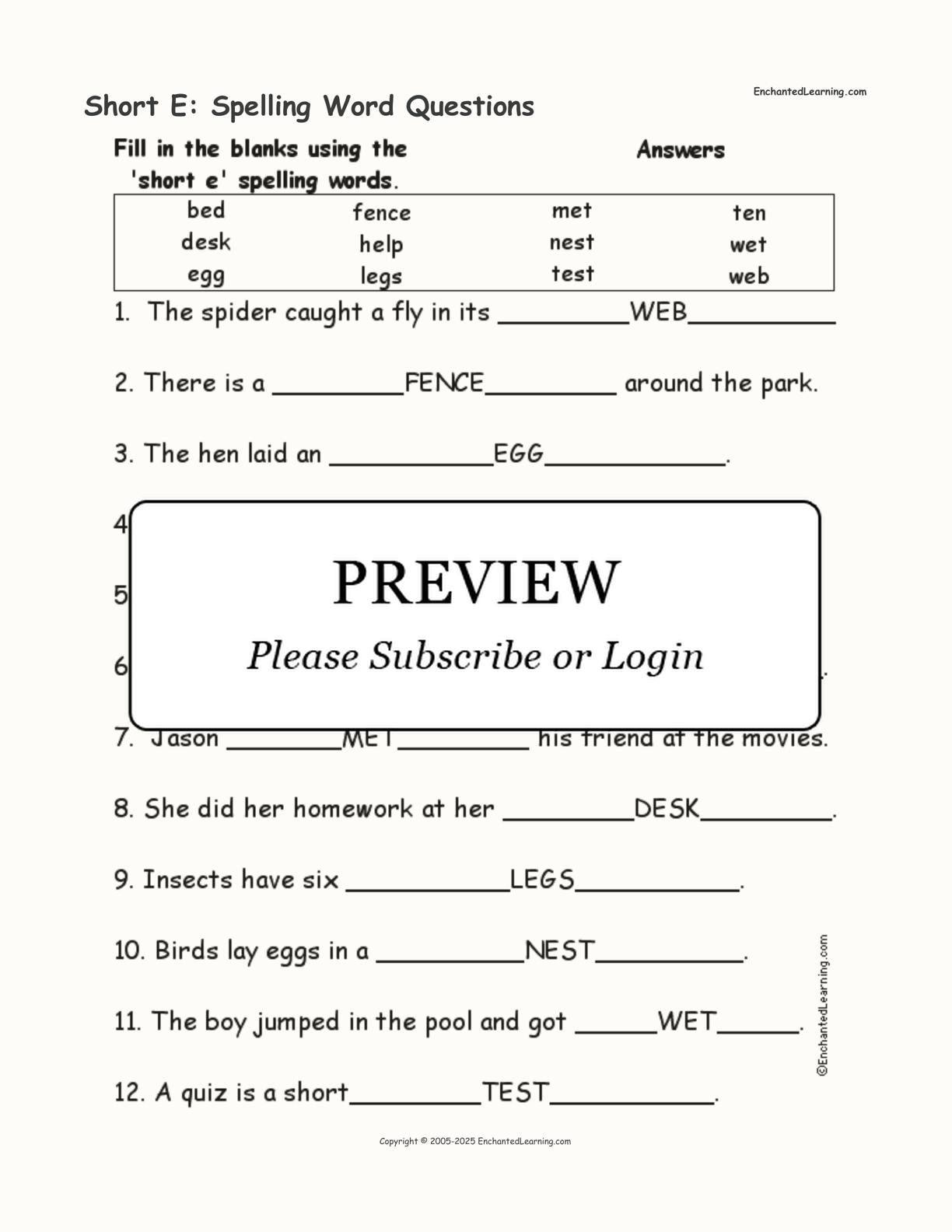 Short E: Spelling Word Questions interactive worksheet page 2