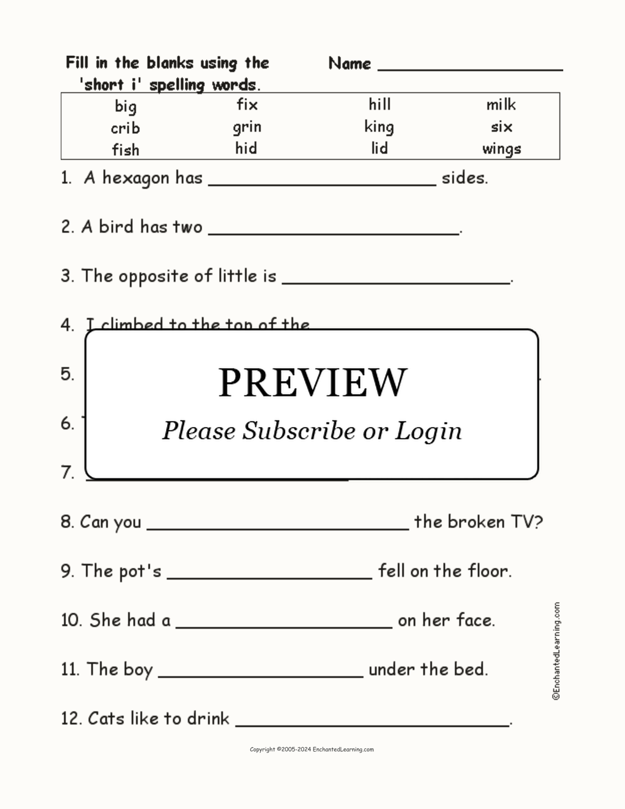 Short I: Spelling Word Questions interactive worksheet page 1