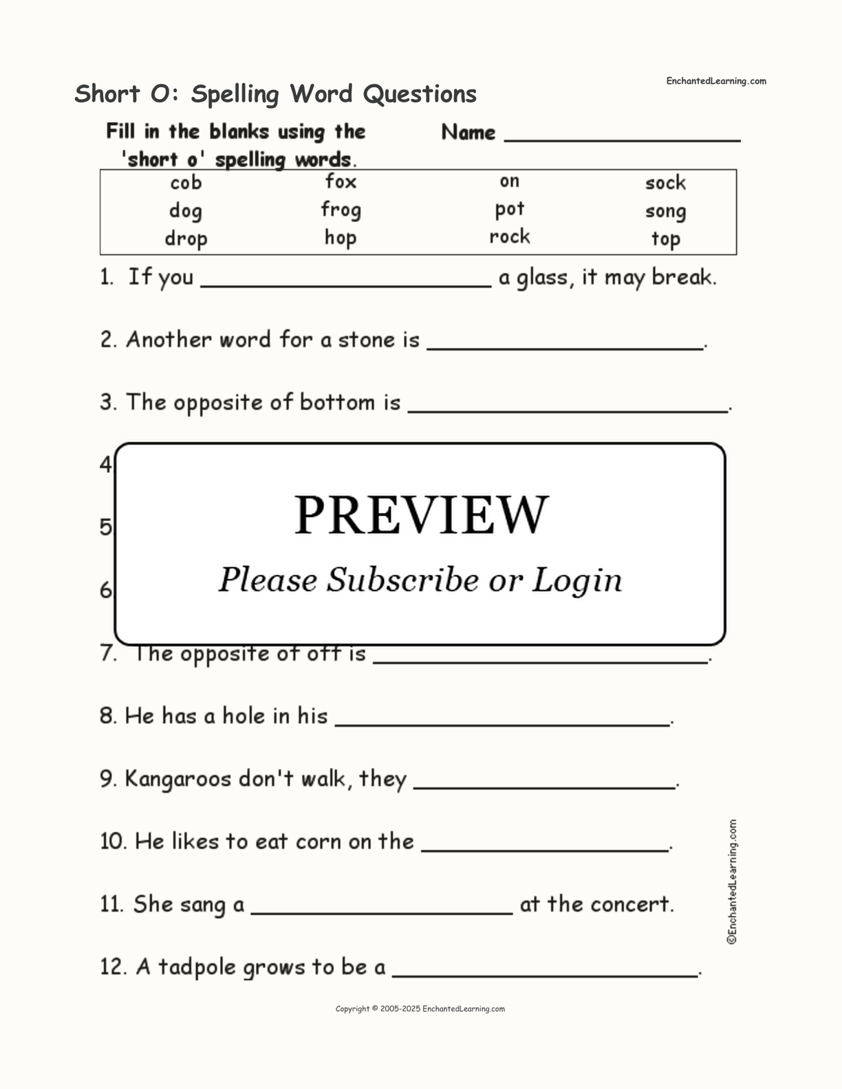 Short O: Spelling Word Questions interactive worksheet page 1