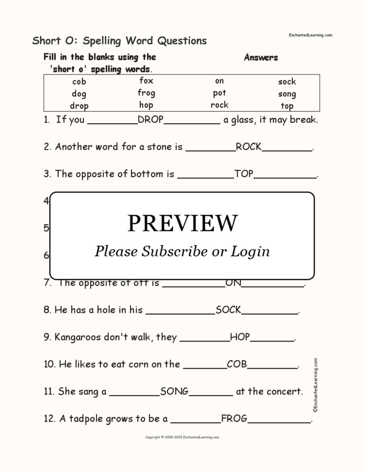 Short O: Spelling Word Questions interactive worksheet page 2