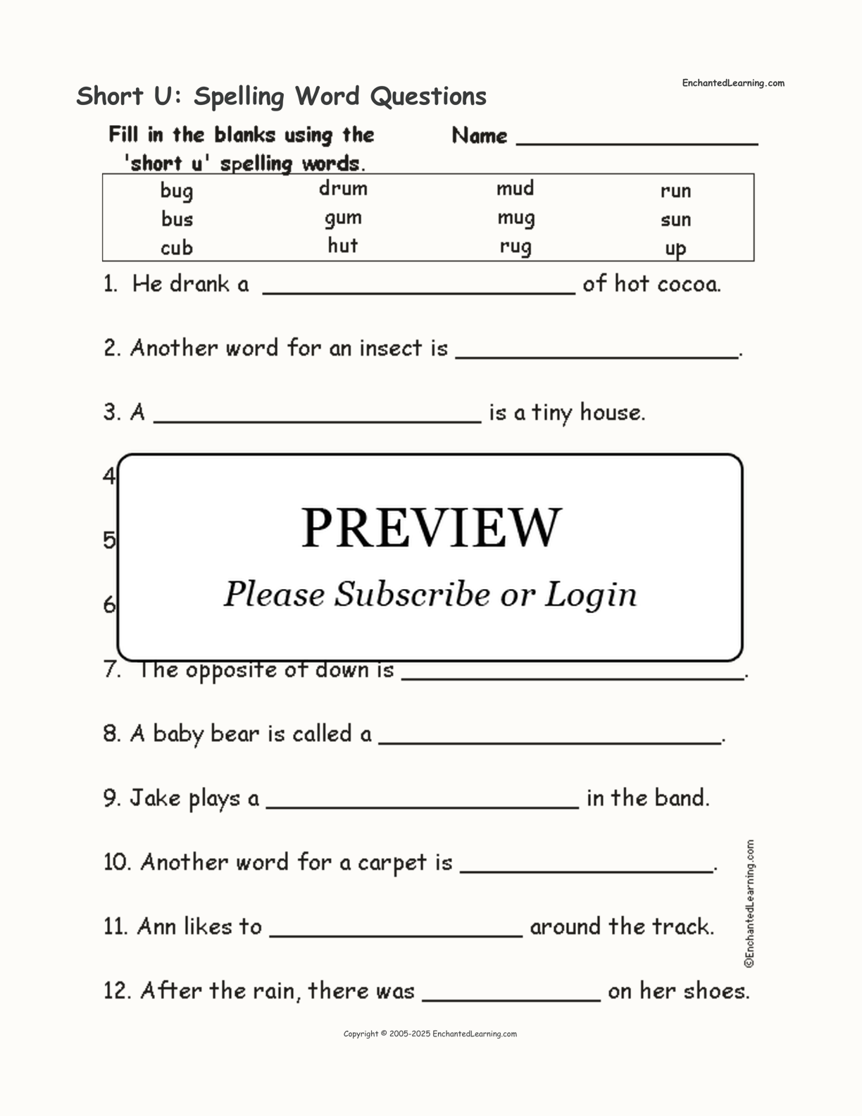 Short U: Spelling Word Questions interactive worksheet page 1