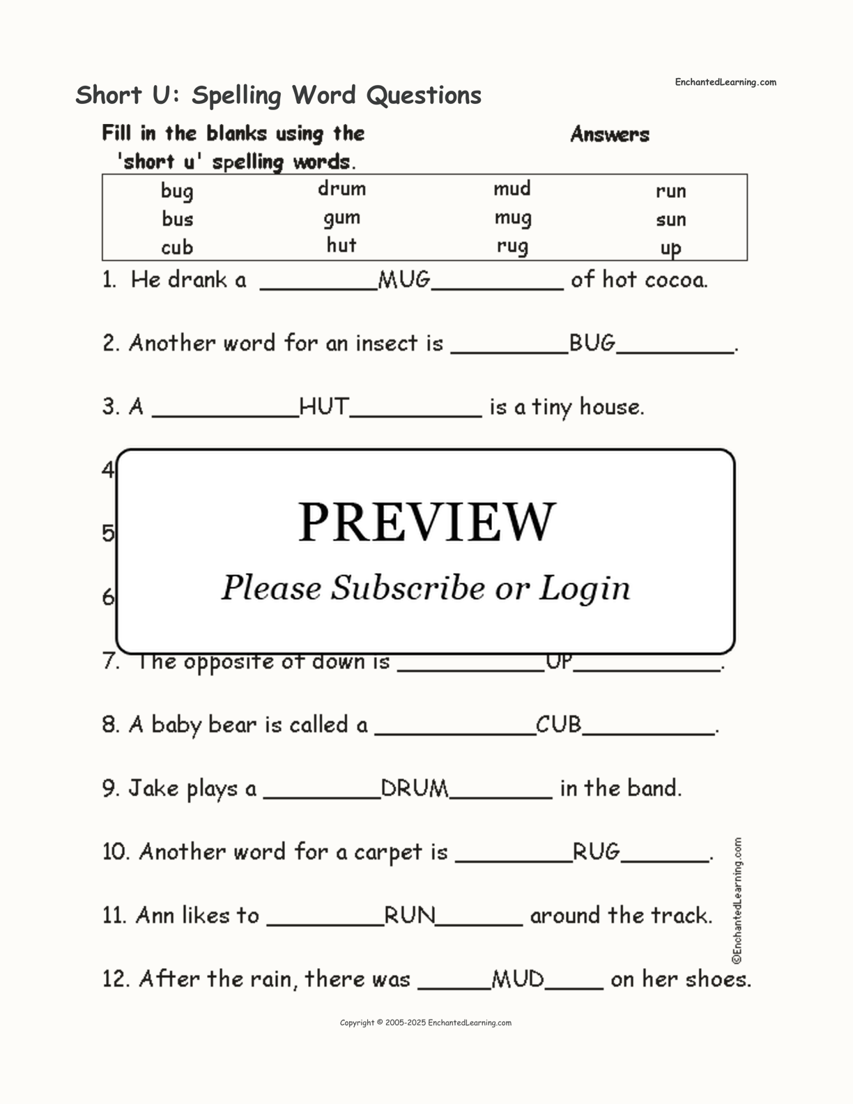 Short U: Spelling Word Questions interactive worksheet page 2