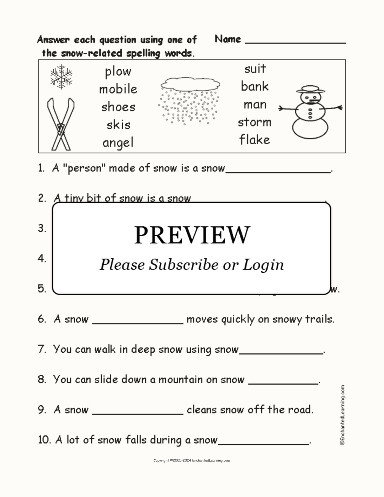 Snow-Related Spelling Word Questions interactive worksheet page 1