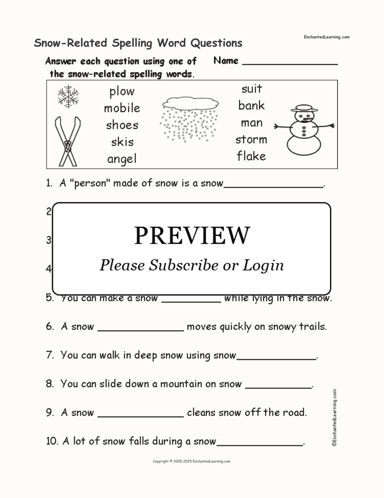 Snow-Related Spelling Word Questions interactive worksheet page 1