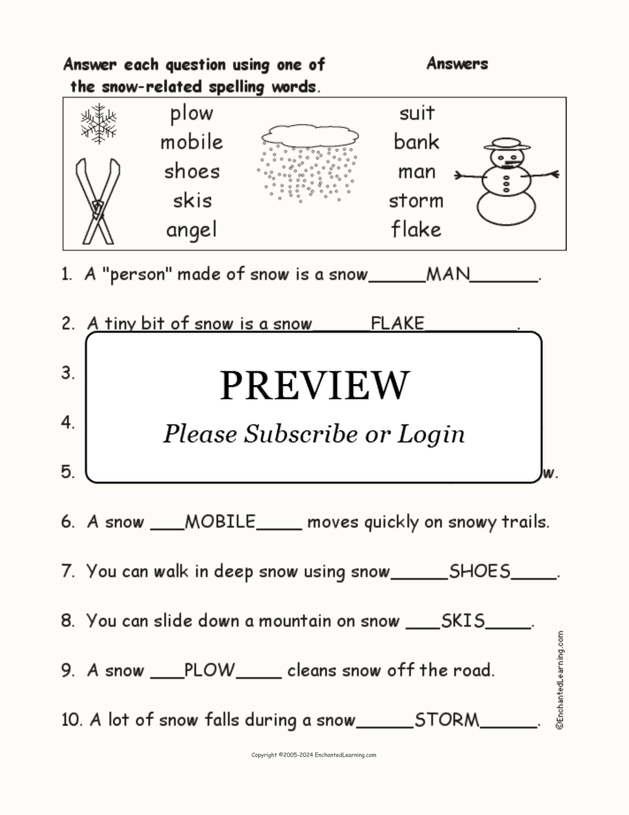 Snow-Related Spelling Word Questions interactive worksheet page 2