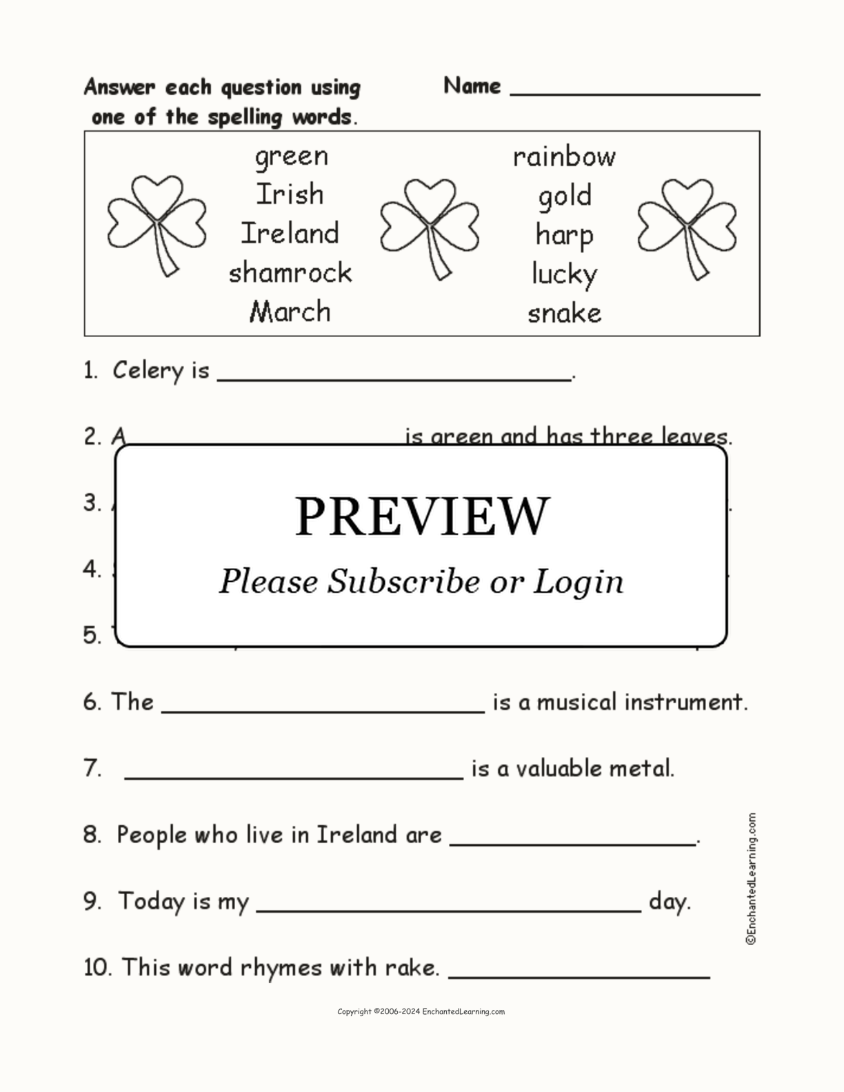 St. Patrick's Day Spelling Word Questions interactive worksheet page 1