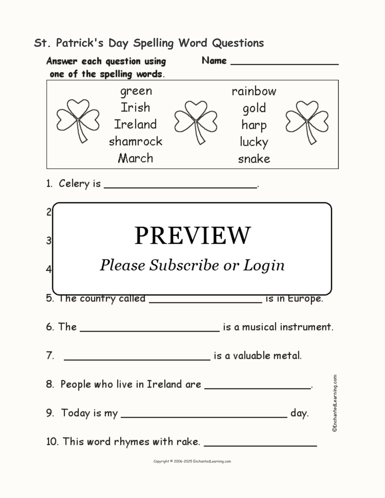 St. Patrick's Day Spelling Word Questions interactive worksheet page 1