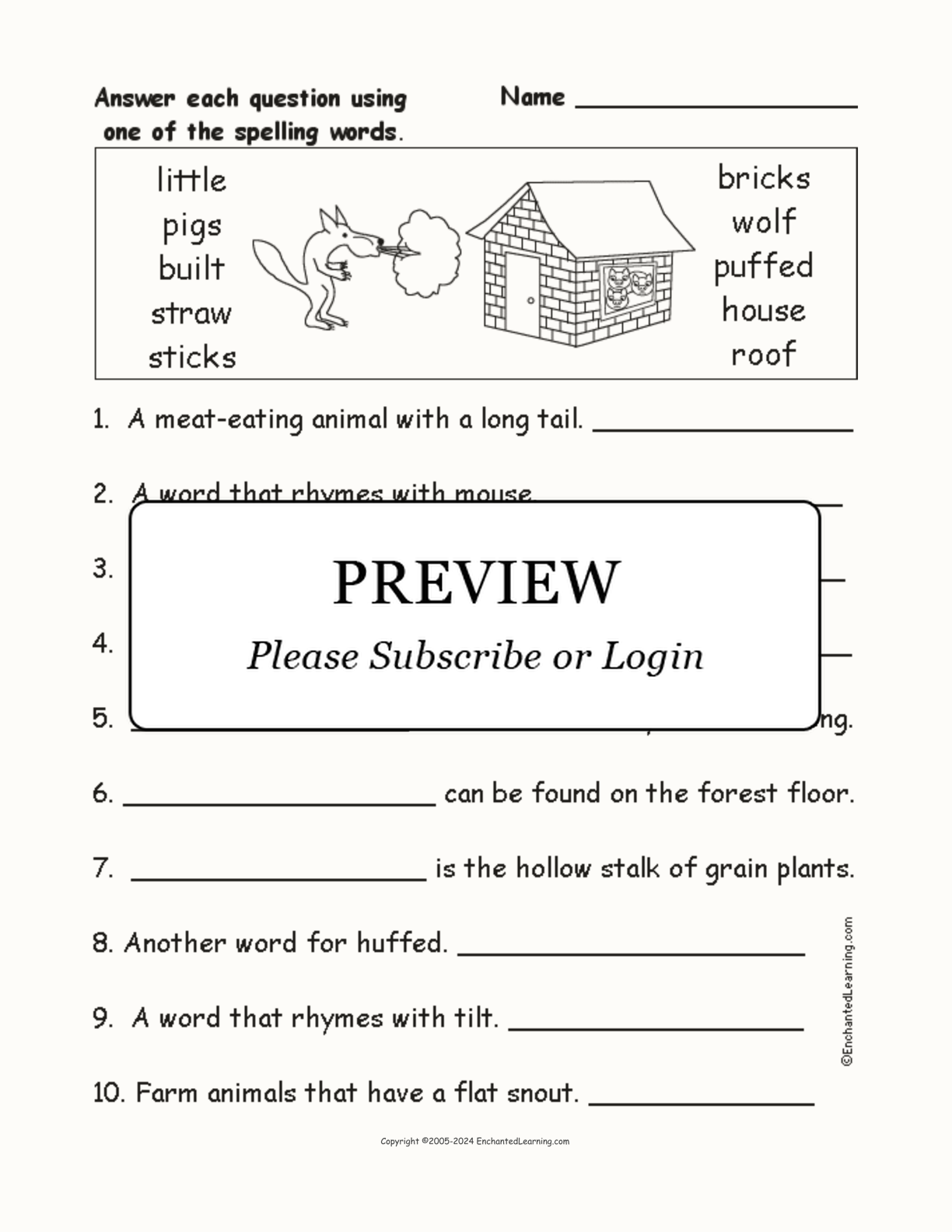 'Three Little Pigs' Spelling Word Questions interactive worksheet page 1