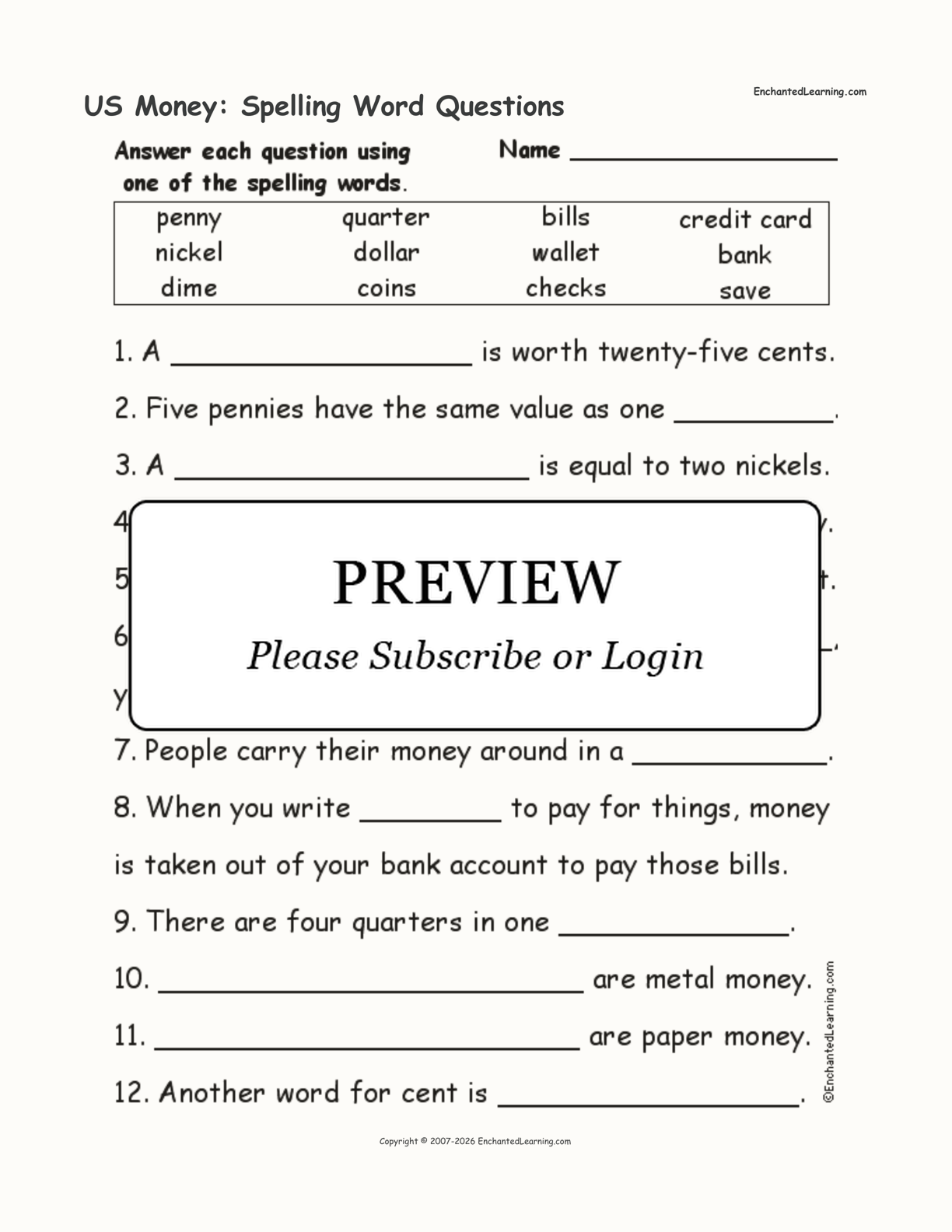 US Money Spelling Word Questions Enchanted Learning