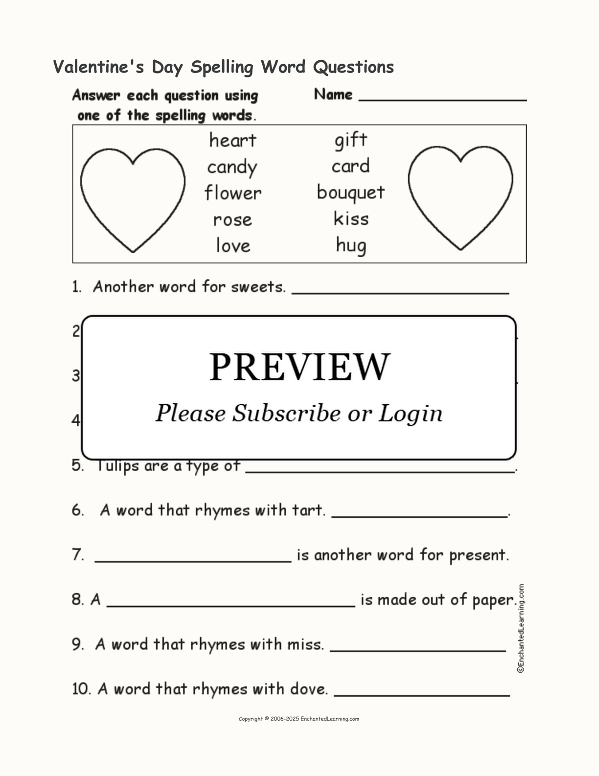 Valentine's Day Spelling Word Questions interactive worksheet page 1