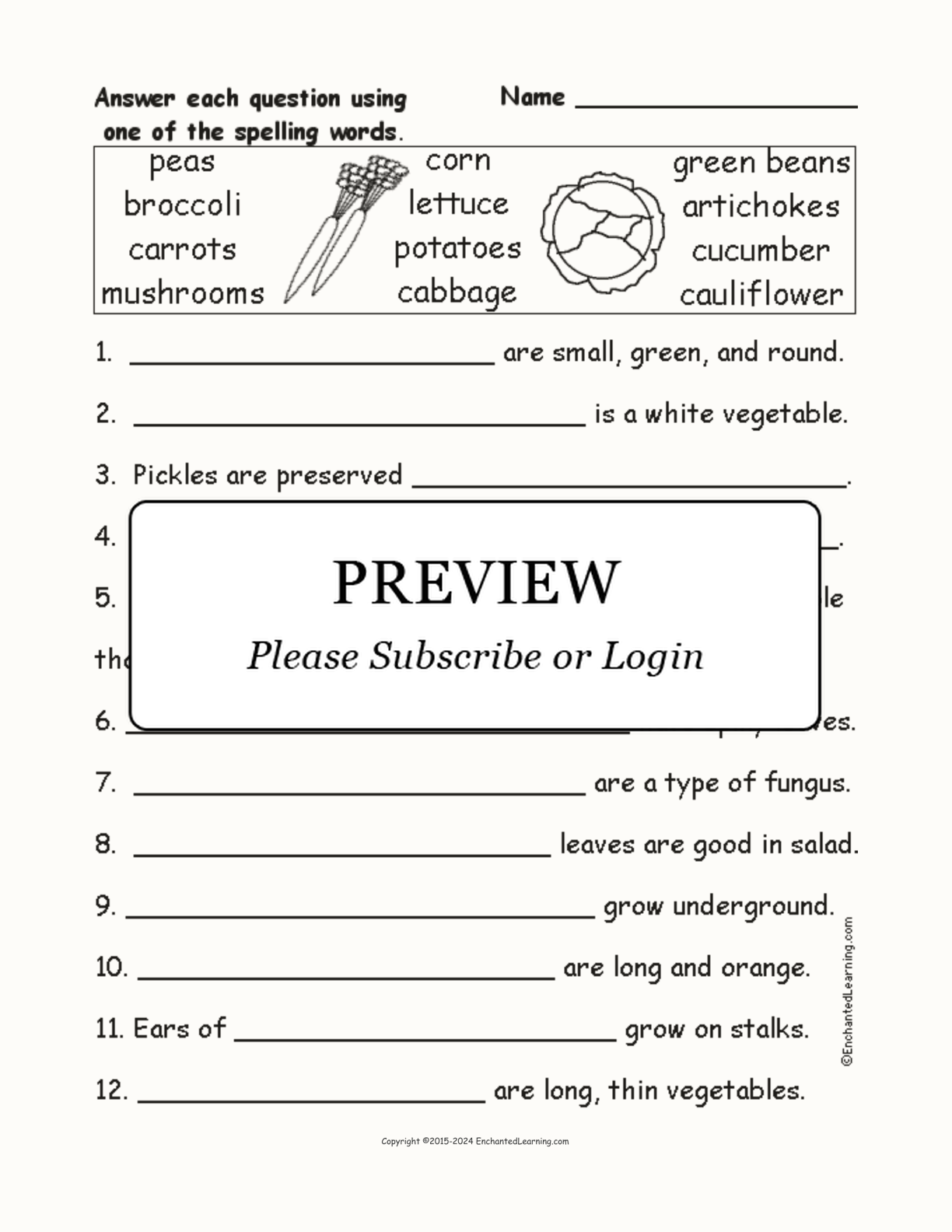 Vegetables Spelling Word Questions interactive worksheet page 1