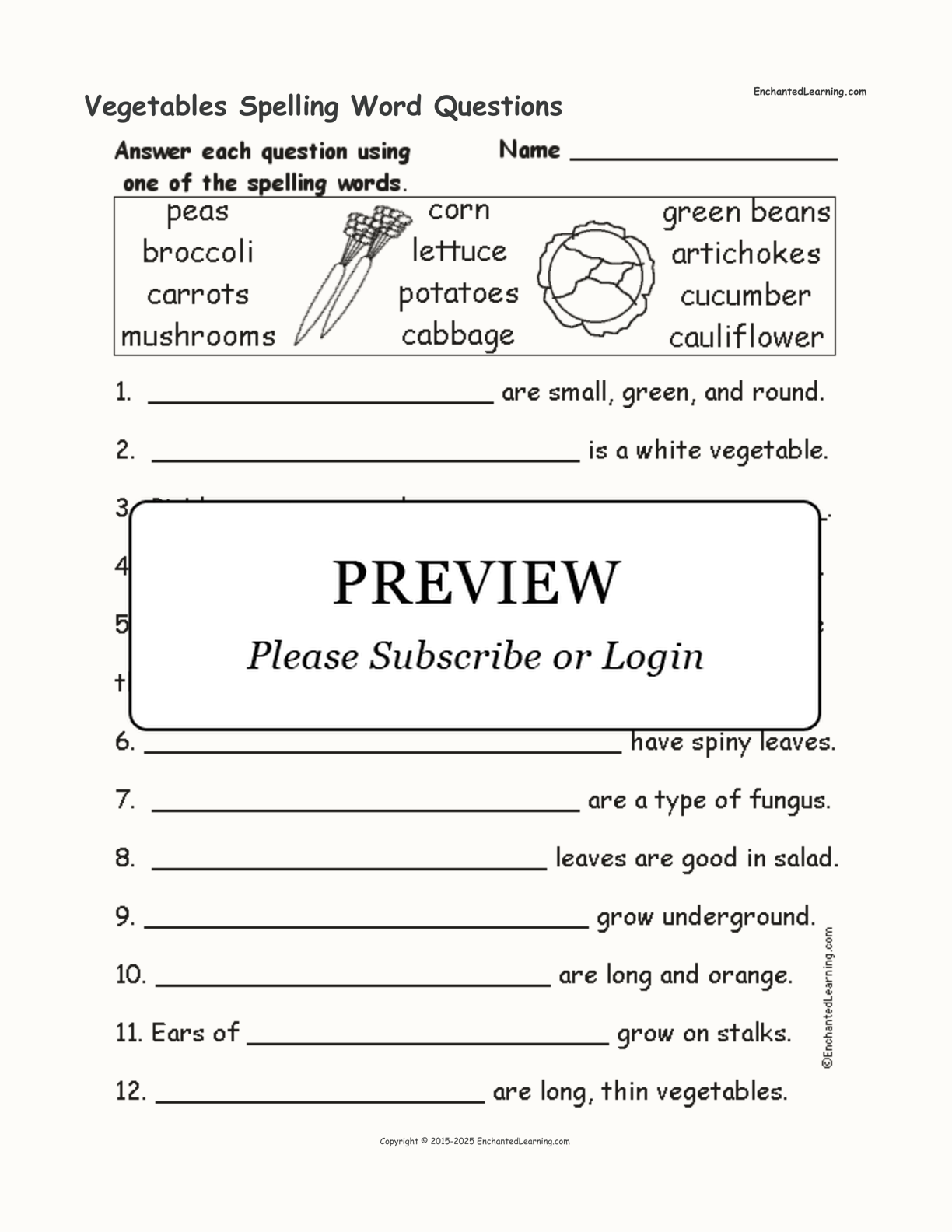 Vegetables Spelling Word Questions interactive worksheet page 1