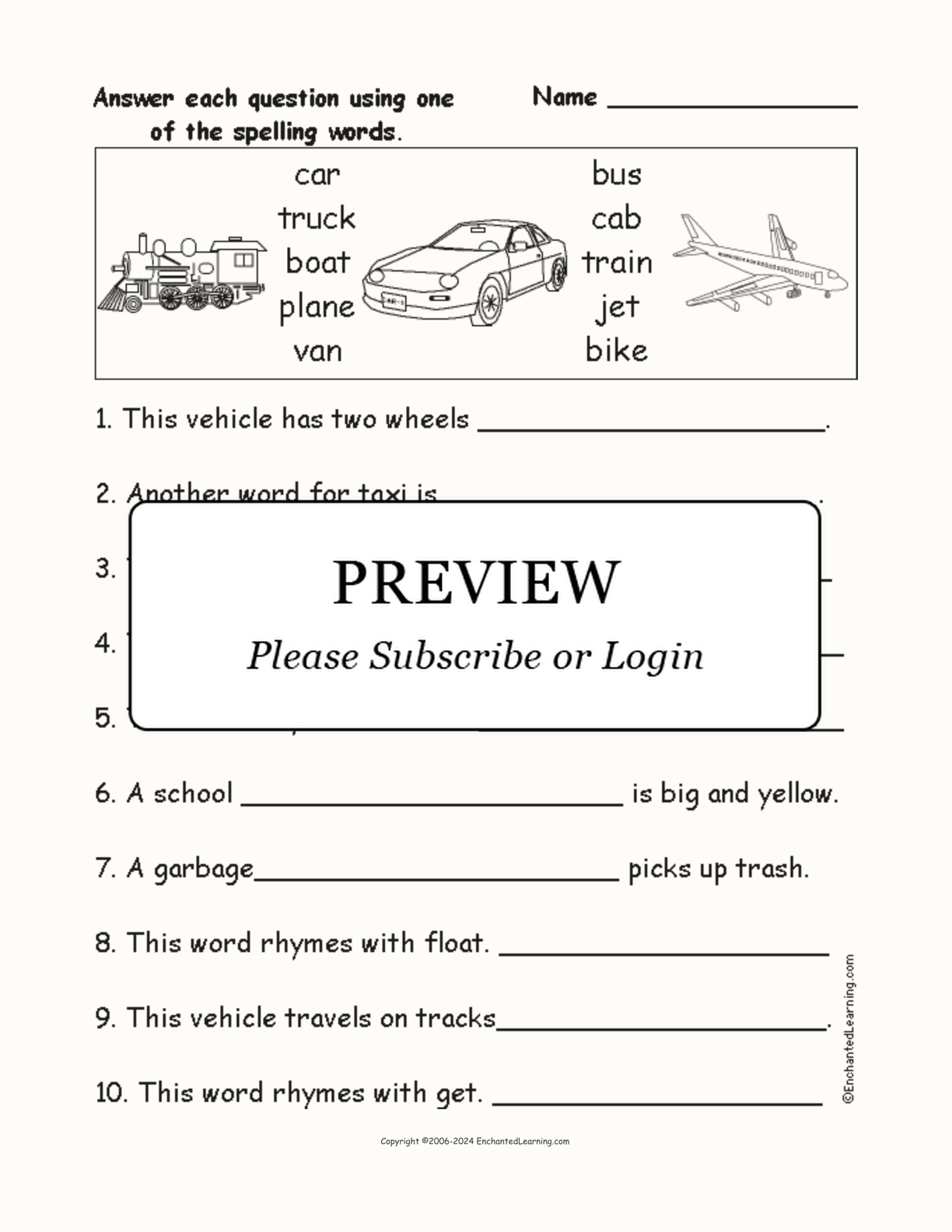 Vehicles Spelling Word Questions interactive worksheet page 1