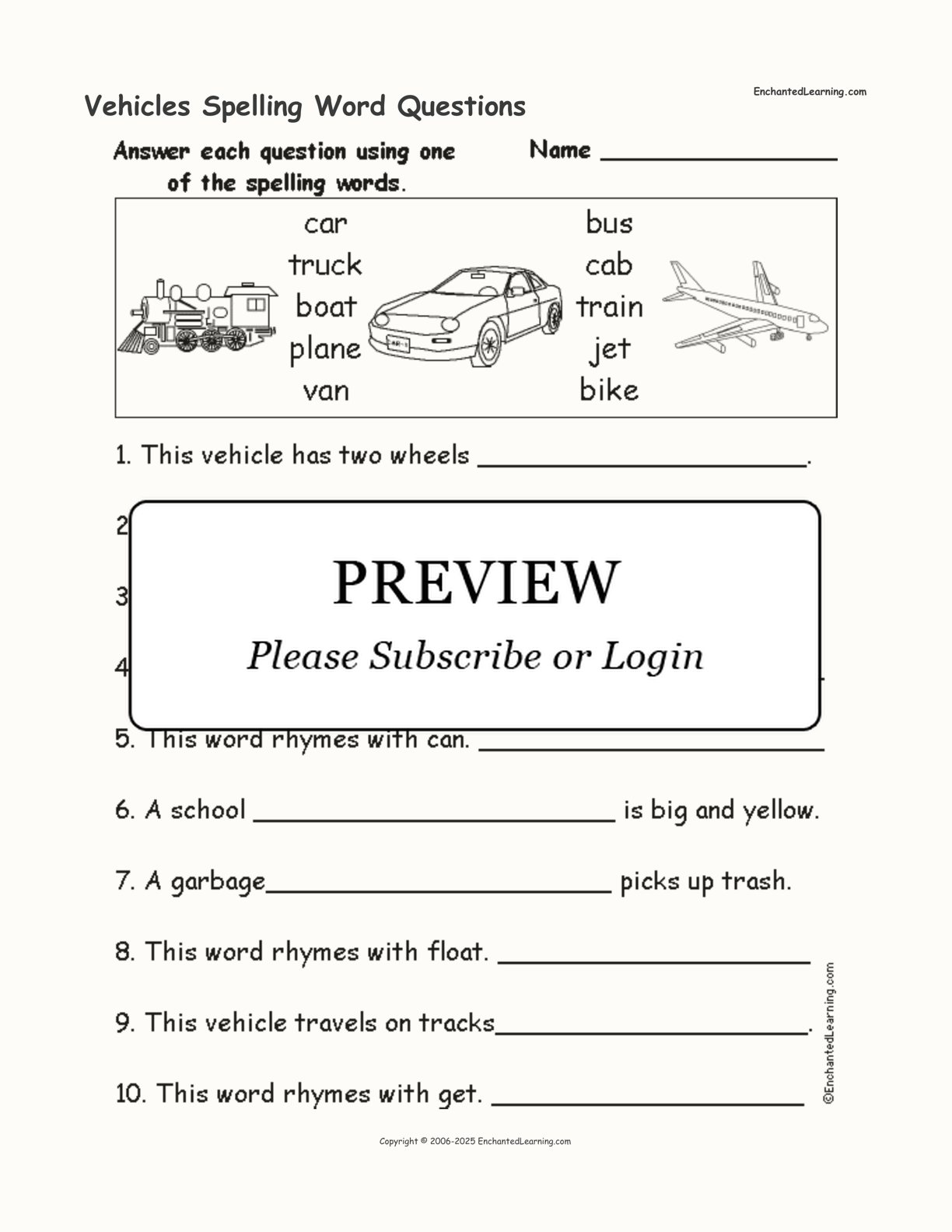 Vehicles Spelling Word Questions interactive worksheet page 1