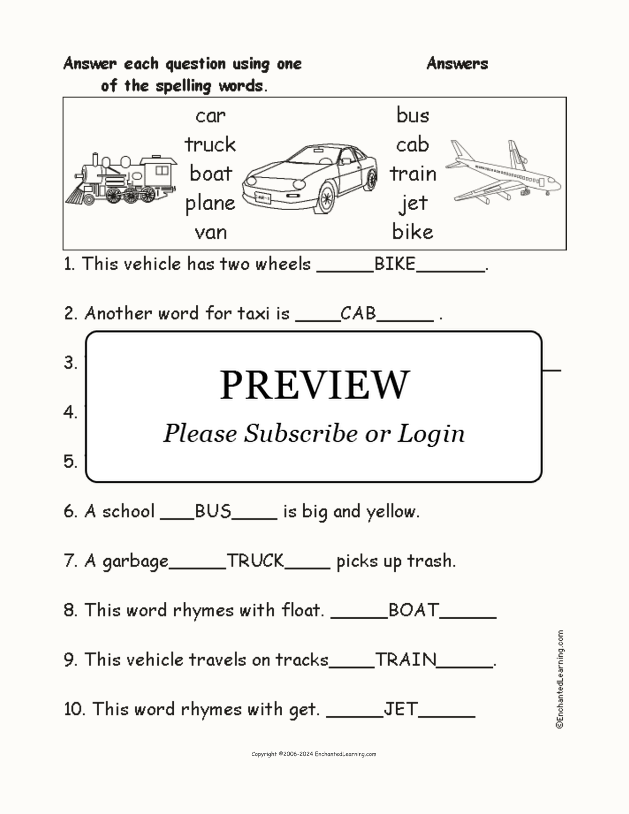 Vehicles Spelling Word Questions interactive worksheet page 2