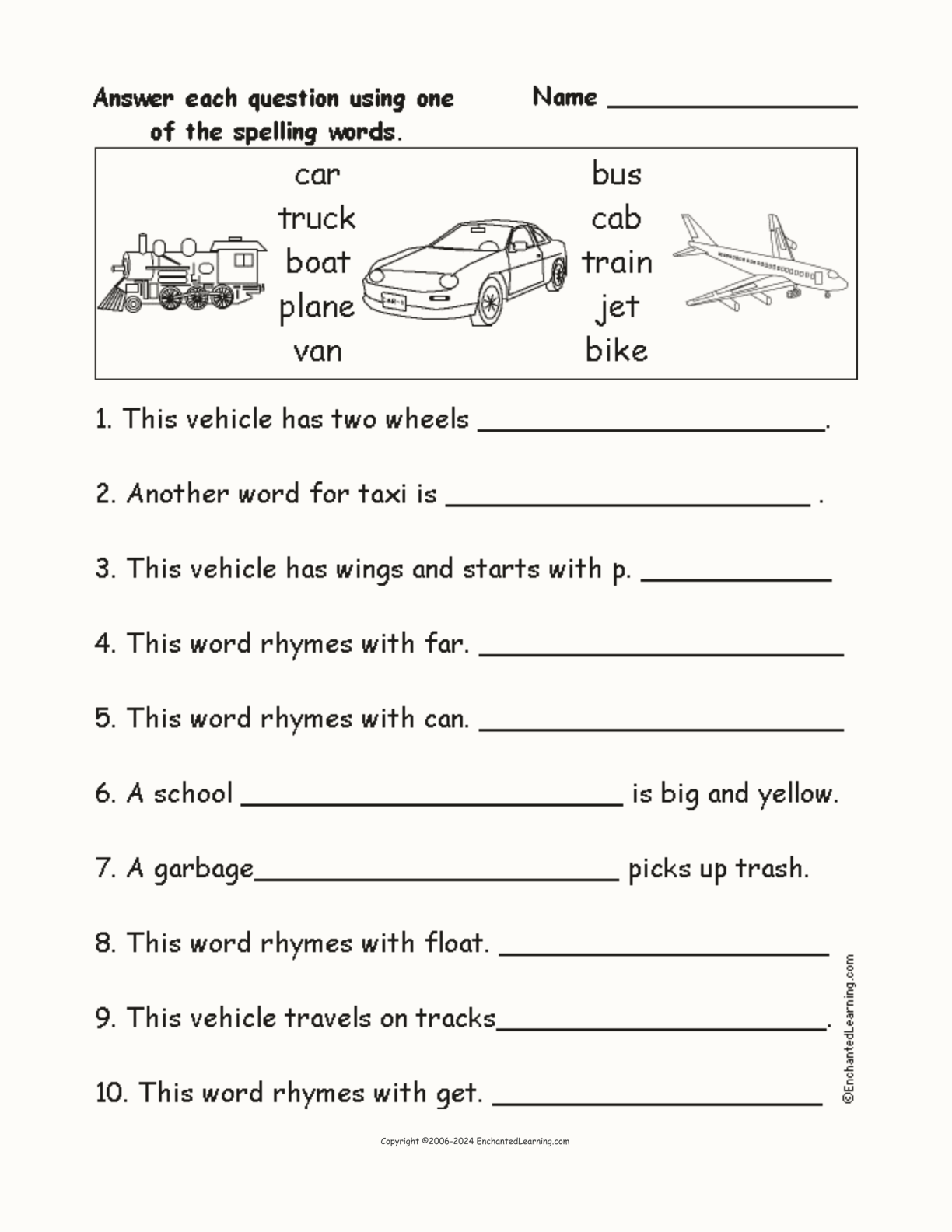 Vehicle Spelling Word Questions interactive worksheet page 1