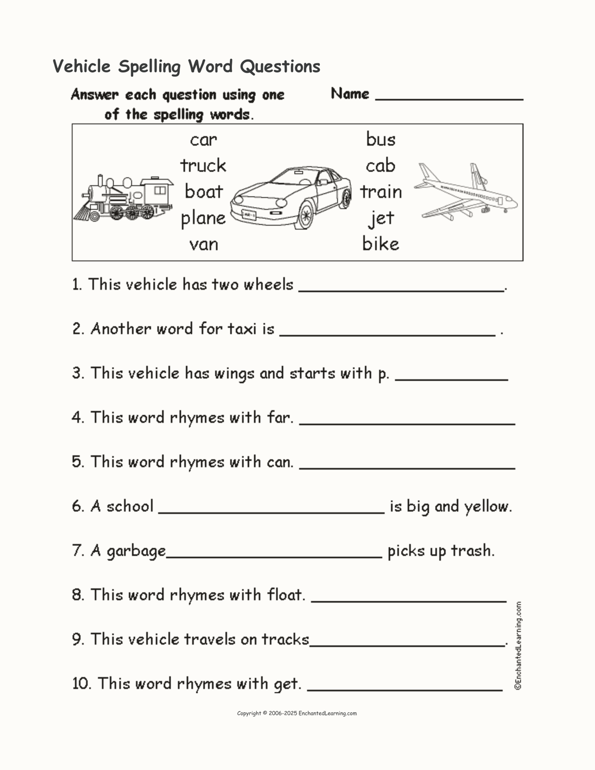 Vehicle Spelling Word Questions interactive worksheet page 1