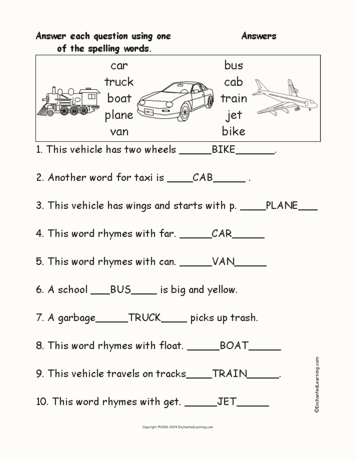 Vehicle Spelling Word Questions interactive worksheet page 2