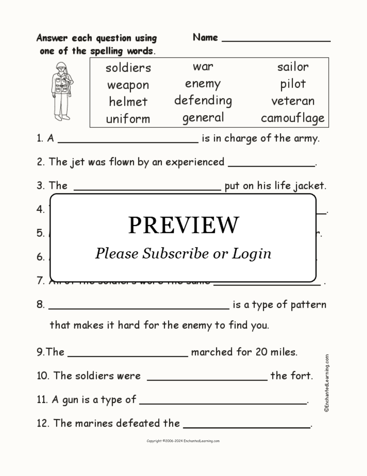Veterans Day Spelling Word Questions interactive worksheet page 1