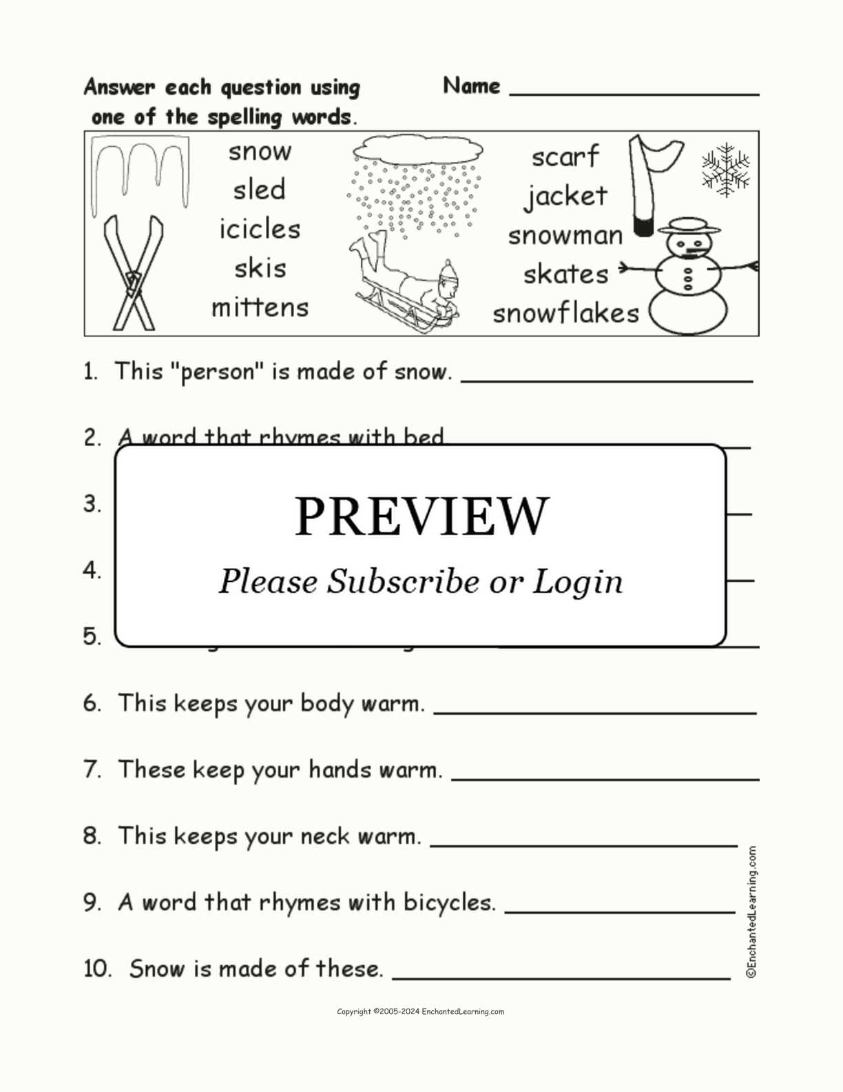 Winter Spelling Word Questions interactive worksheet page 1