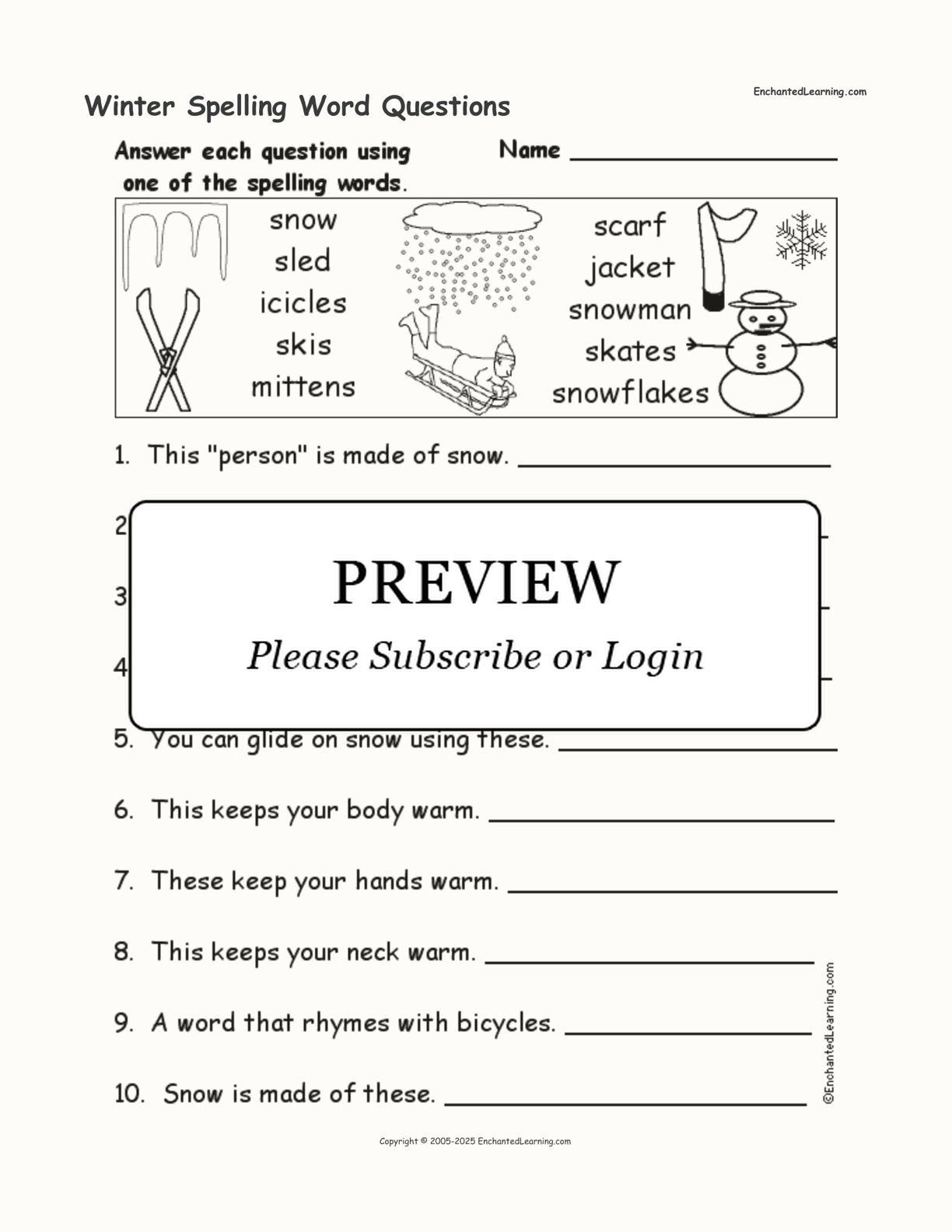 Winter Spelling Word Questions interactive worksheet page 1