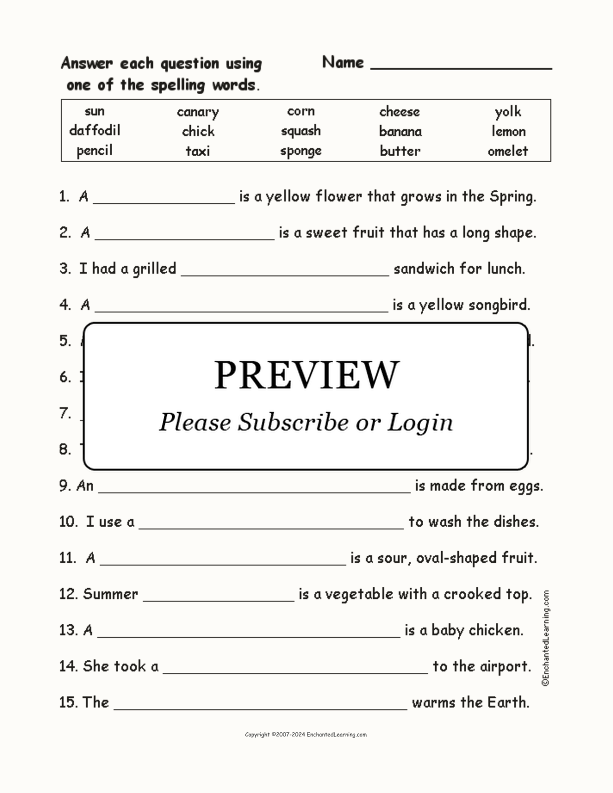 Yellow Things: Spelling Word Questions interactive worksheet page 1
